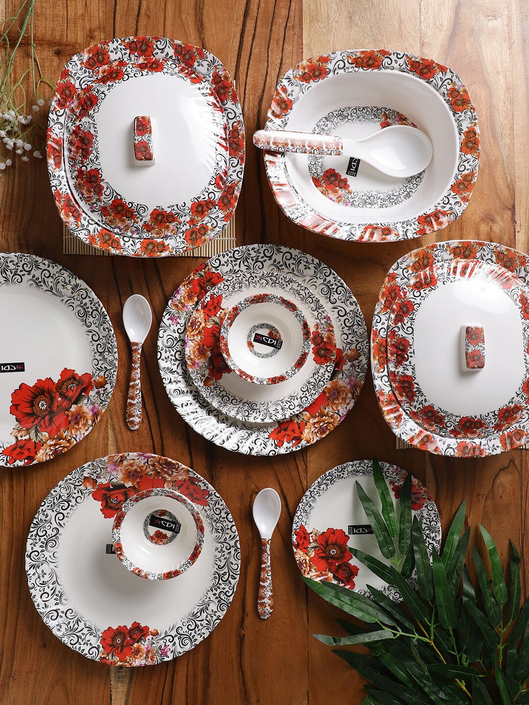 

CDI White & Red 33 Pieces Floral Printed Melamine Glossy Dinner Set