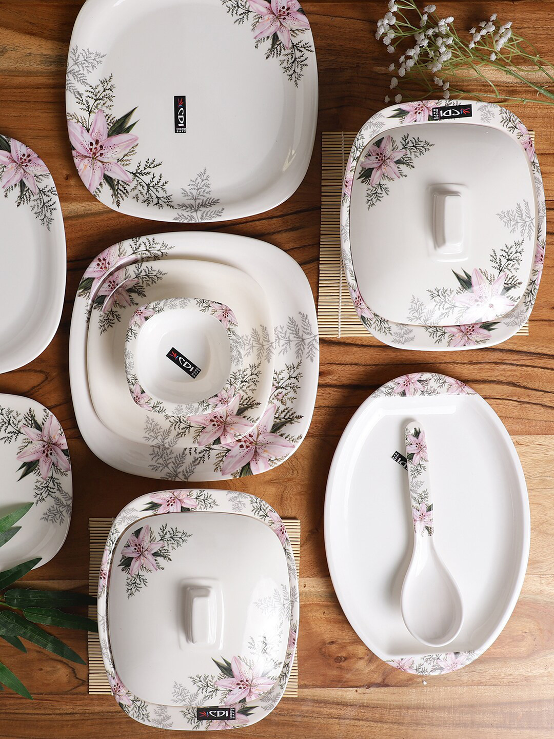 

CDI White & Pink 27 Pieces Floral Printed Melamine Glossy Dinner Set