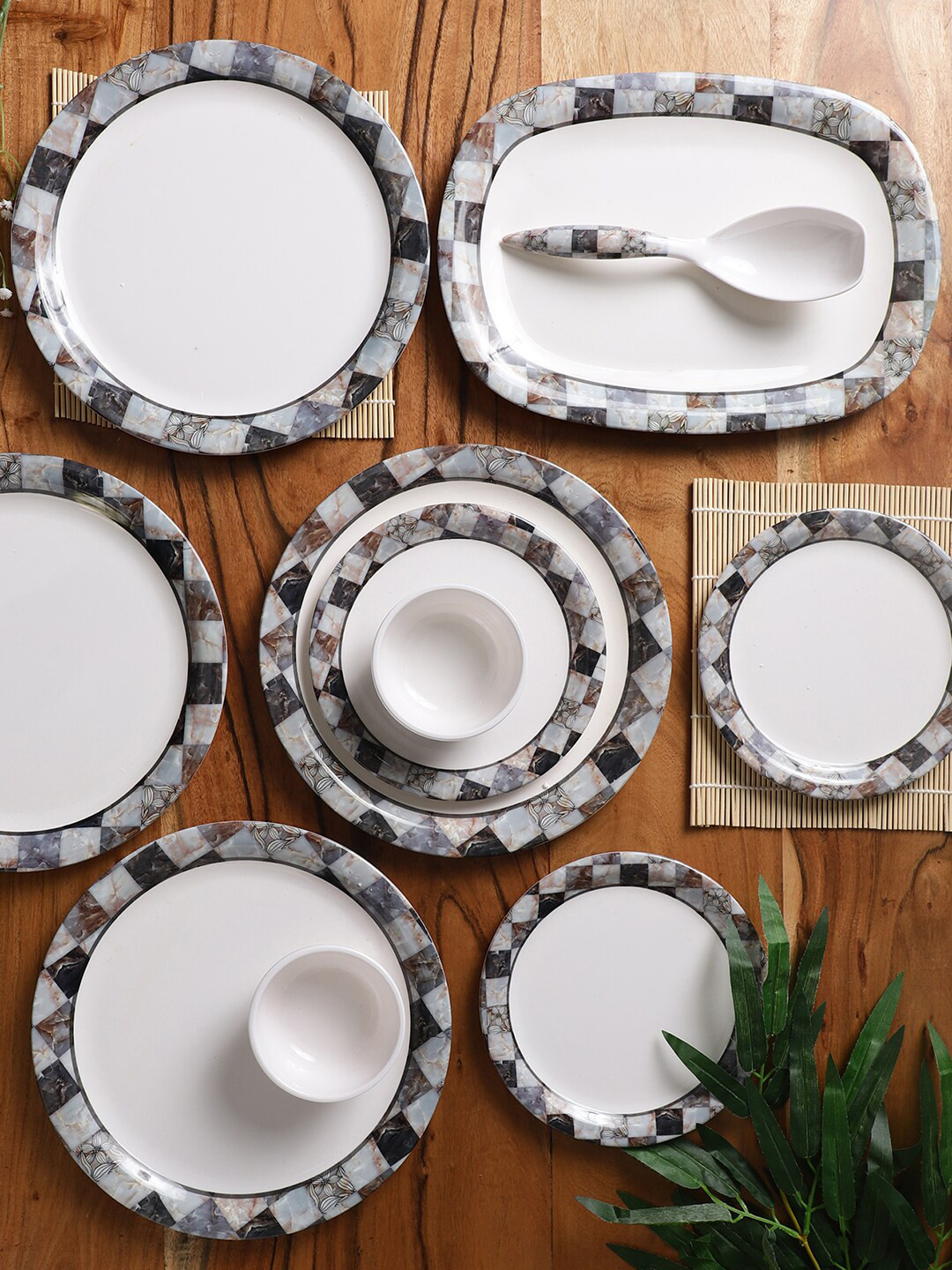 

CDI White & Grey 28 Pieces Geometric Printed Melamine Glossy Dinner Set