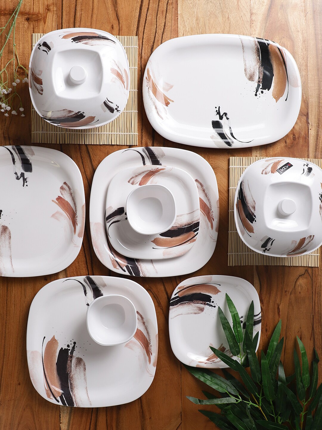 

CDI White & Brown 25 Pieces Printed Melamine Glossy Dinner Set