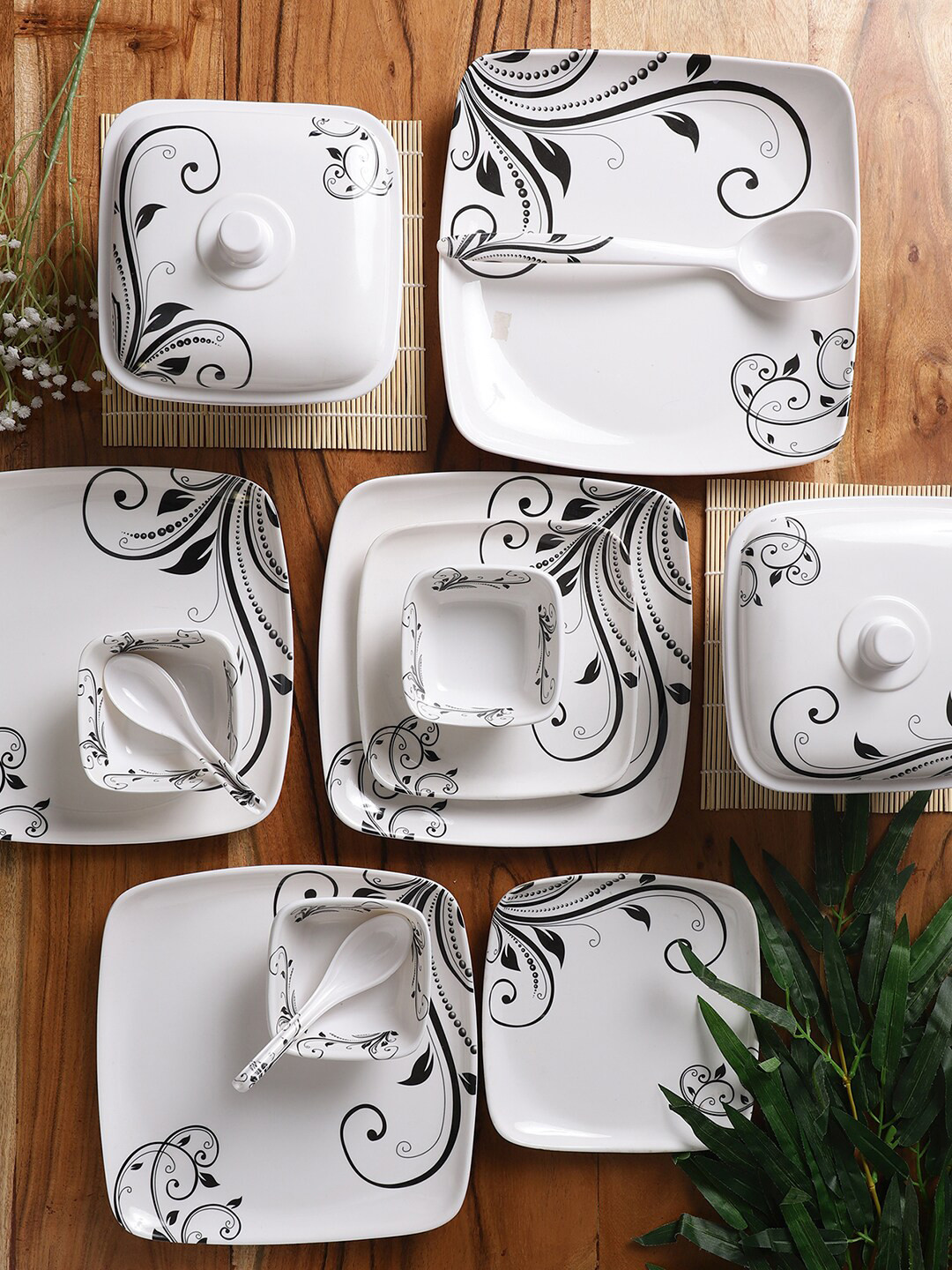 

CDI White & Black 41 Pieces Floral Printed Melamine Glossy Dinner Set