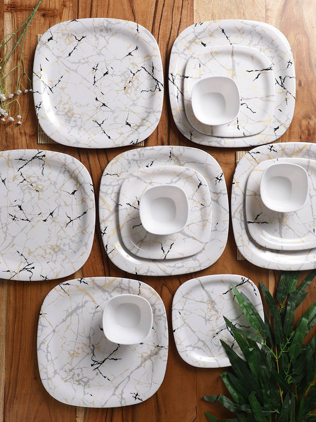 

CDI White & Gold-Toned 18 Pieces Printed Melamine Glossy Dinner Set