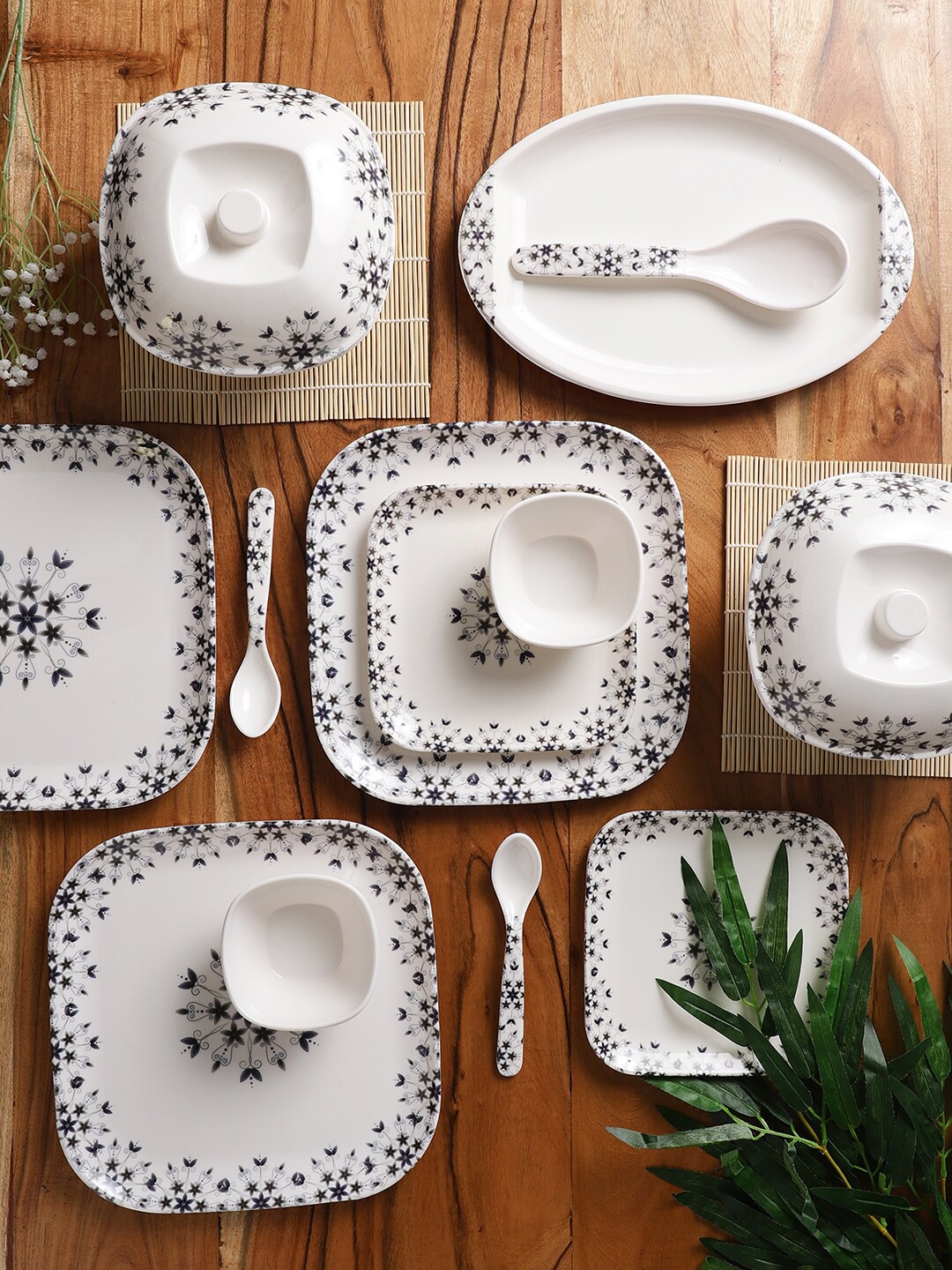 

CDI White & Black 41 Pieces Floral Printed Melamine Glossy Dinner Set
