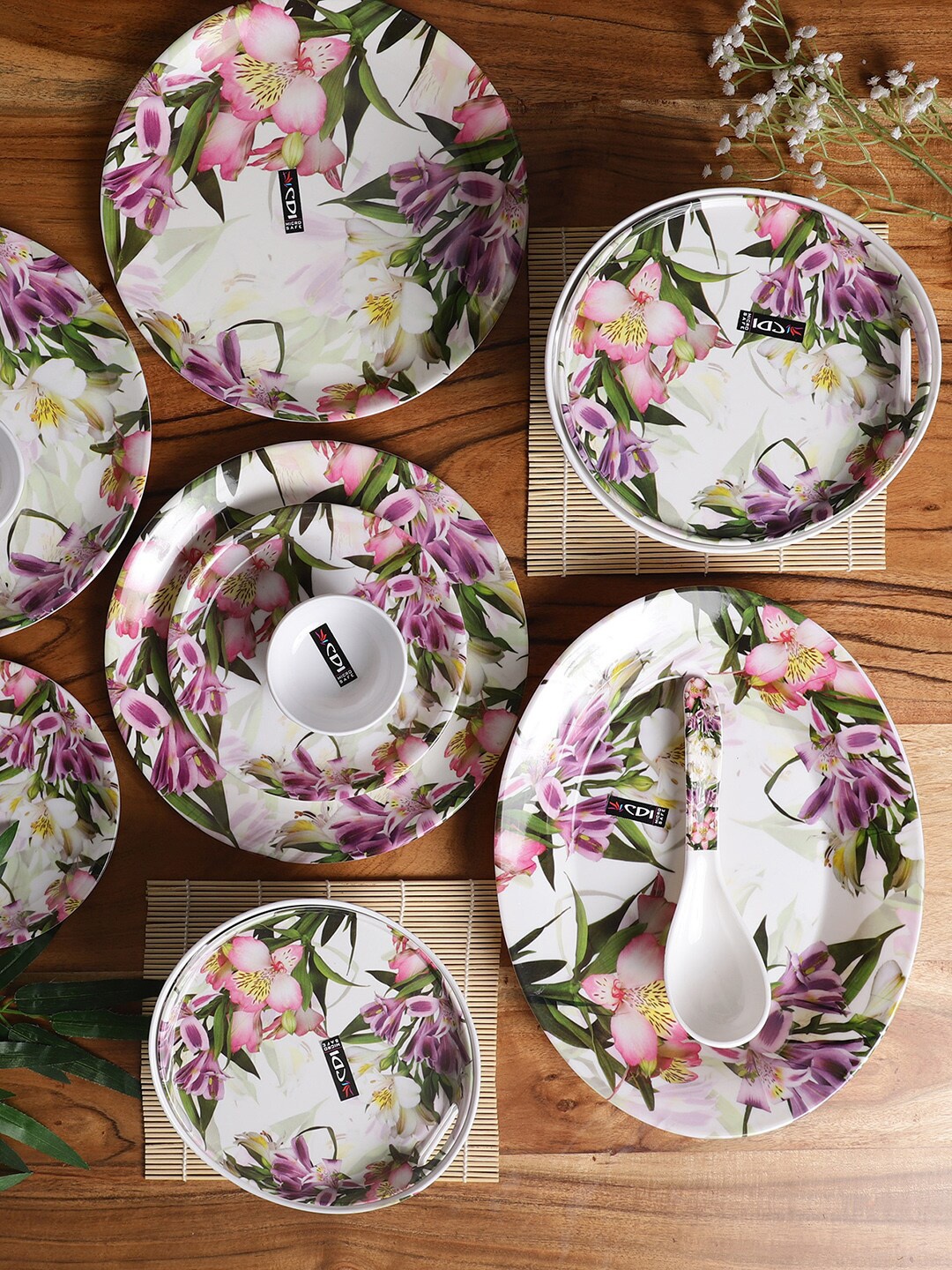 

CDI White & Purple 28 Pieces Floral Printed Melamine Glossy Dinner Set