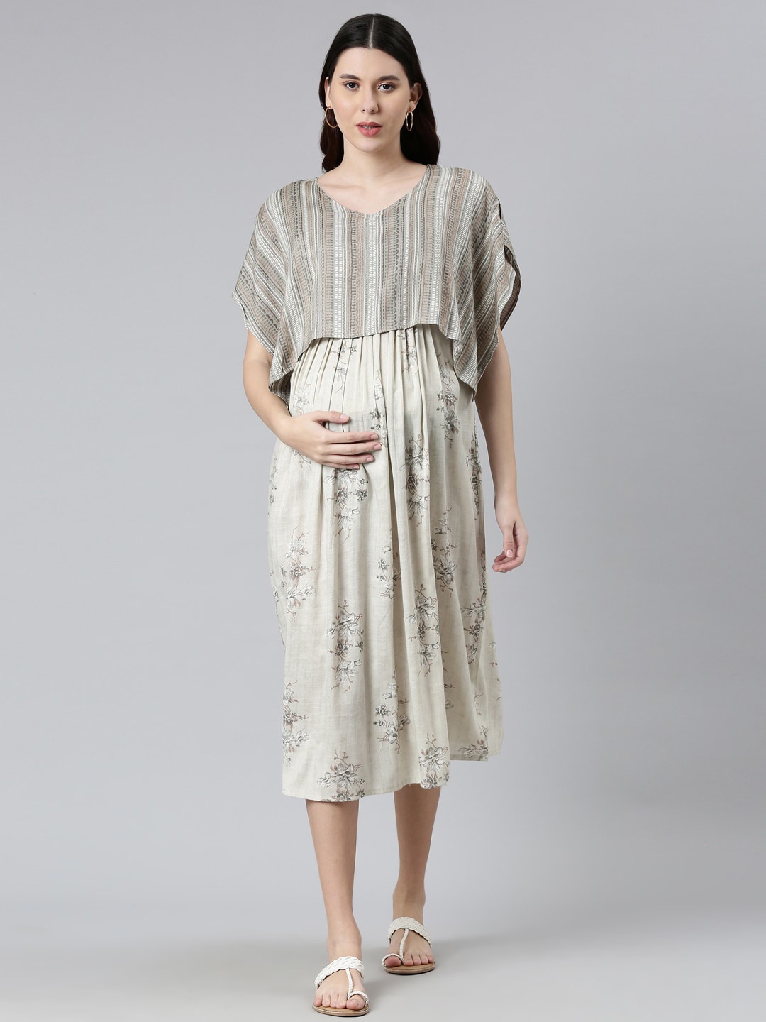 

GOLDSTROMS Round Neck Floral Printed Maternity A-Line Midi Dress, Grey