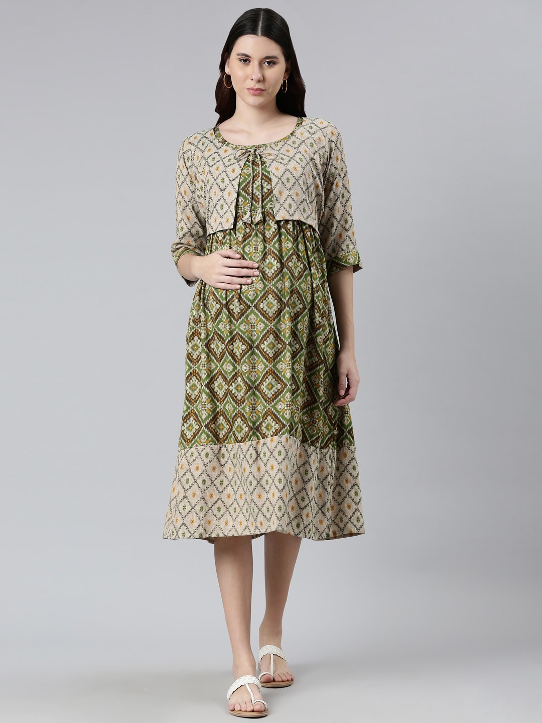 

GOLDSTROMS Tie-Up Neck Ethnic Printed Maternity A-Line Midi Dress, Green