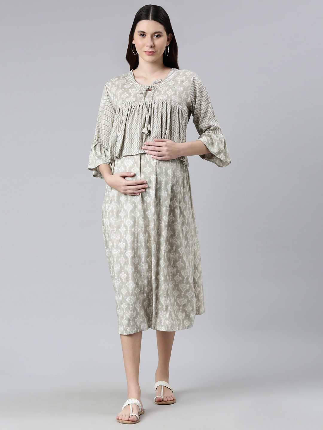

GOLDSTROMS Ethnic Motifs Printed Layered Maternity A-Line Midi Ethnic Dress, Grey