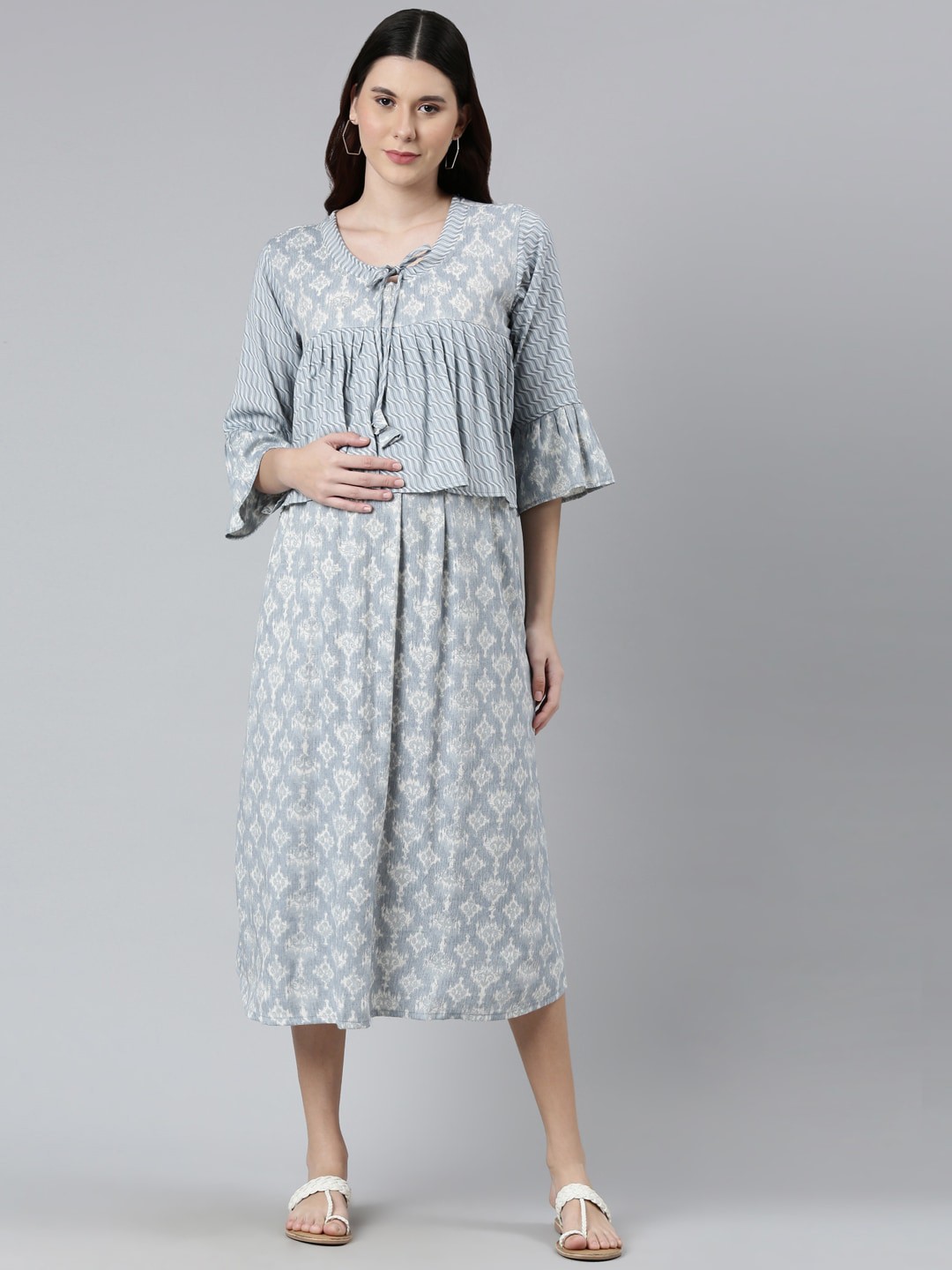 

GOLDSTROMS Ethnic Motifs Printed Layered Maternity A-Line Midi Ethnic Dress, Blue