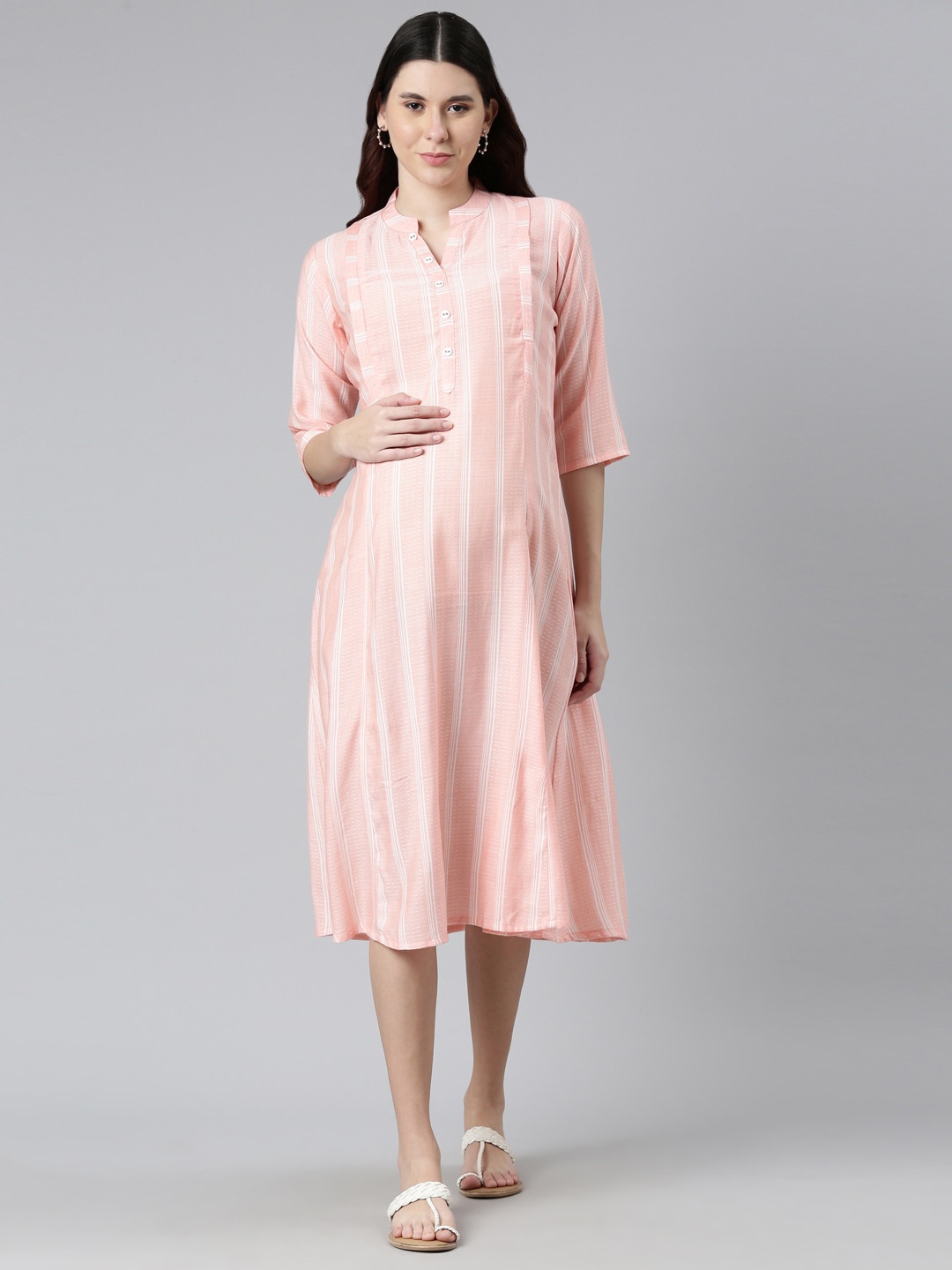 

GOLDSTROMS Striped Maternity A-Line Midi Ethnic Dress, Peach