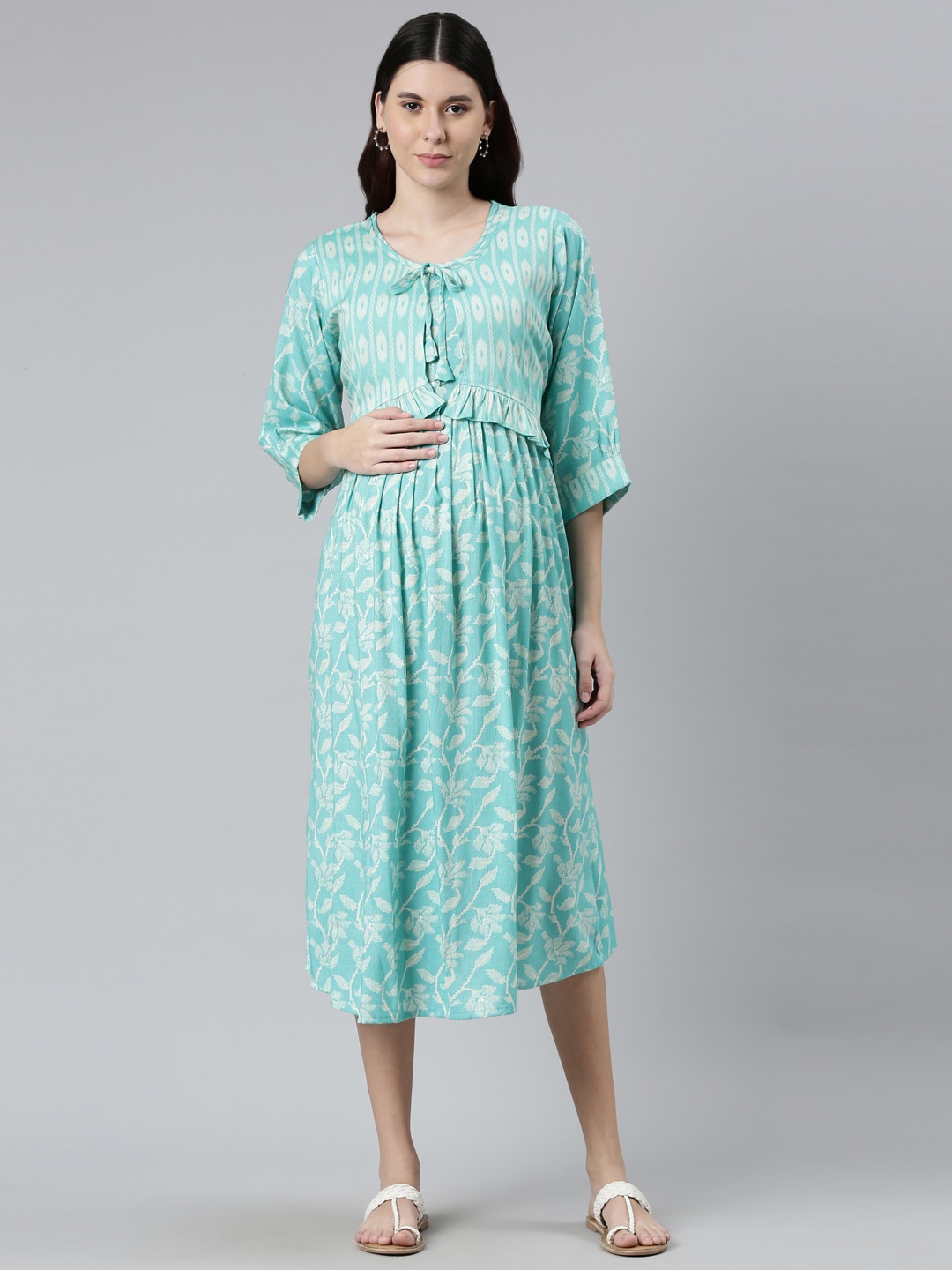 

GOLDSTROMS Tie-Up Neck Ethnic Printed Maternity A-Line Midi Dress, Sea green