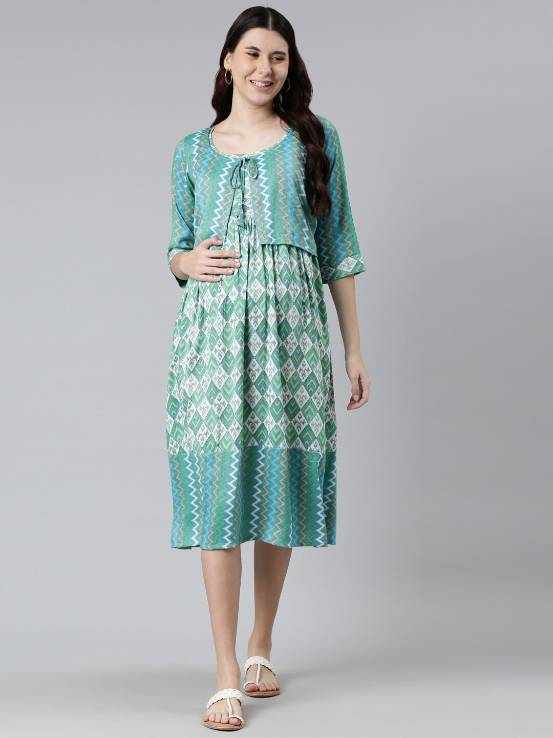 

GOLDSTROMS Ethnic Motif Printed Layered Maternity Fit & Flare Midi Ethnic Dress, Sea green