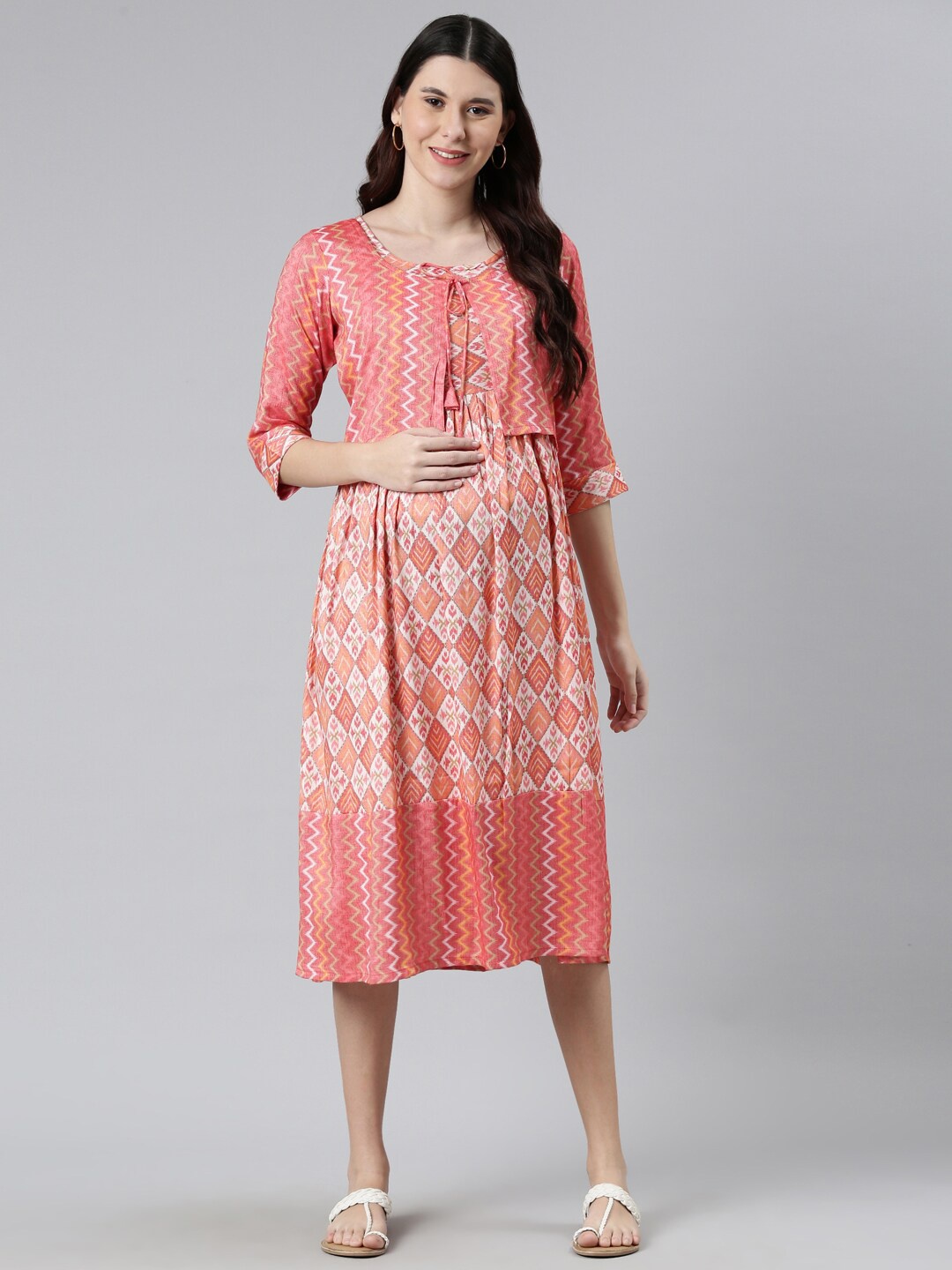

GOLDSTROMS Tie-Up Neck Ethnic Printed Maternity A-Line Midi Dress, Peach