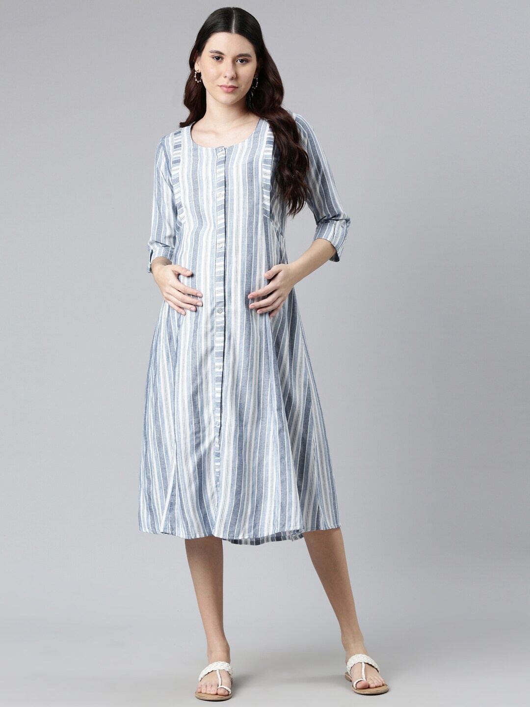 

GOLDSTROMS Striped Maternity A-Line Midi Ethnic Dress, Blue