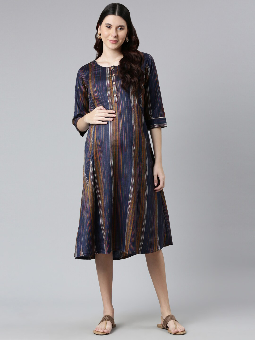 

GOLDSTROMS Round Neck Striped Maternity A-Line Midi Dress, Navy blue