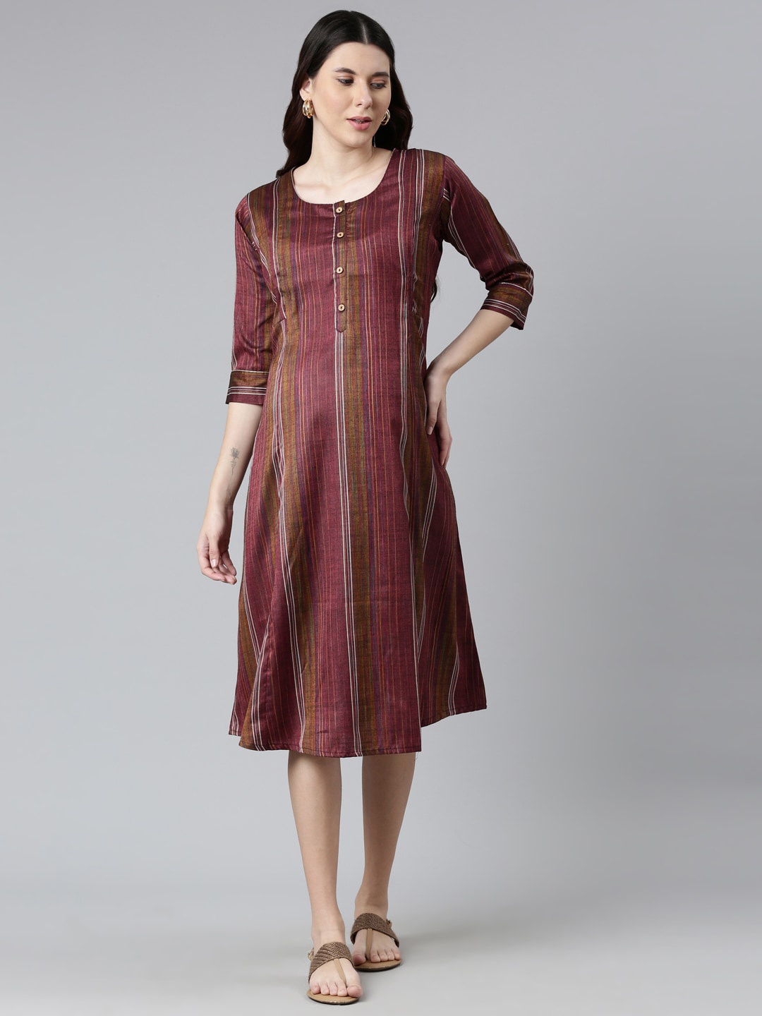 

GOLDSTROMS Round Neck Stripes Maternity A-Line Midi Dress, Maroon