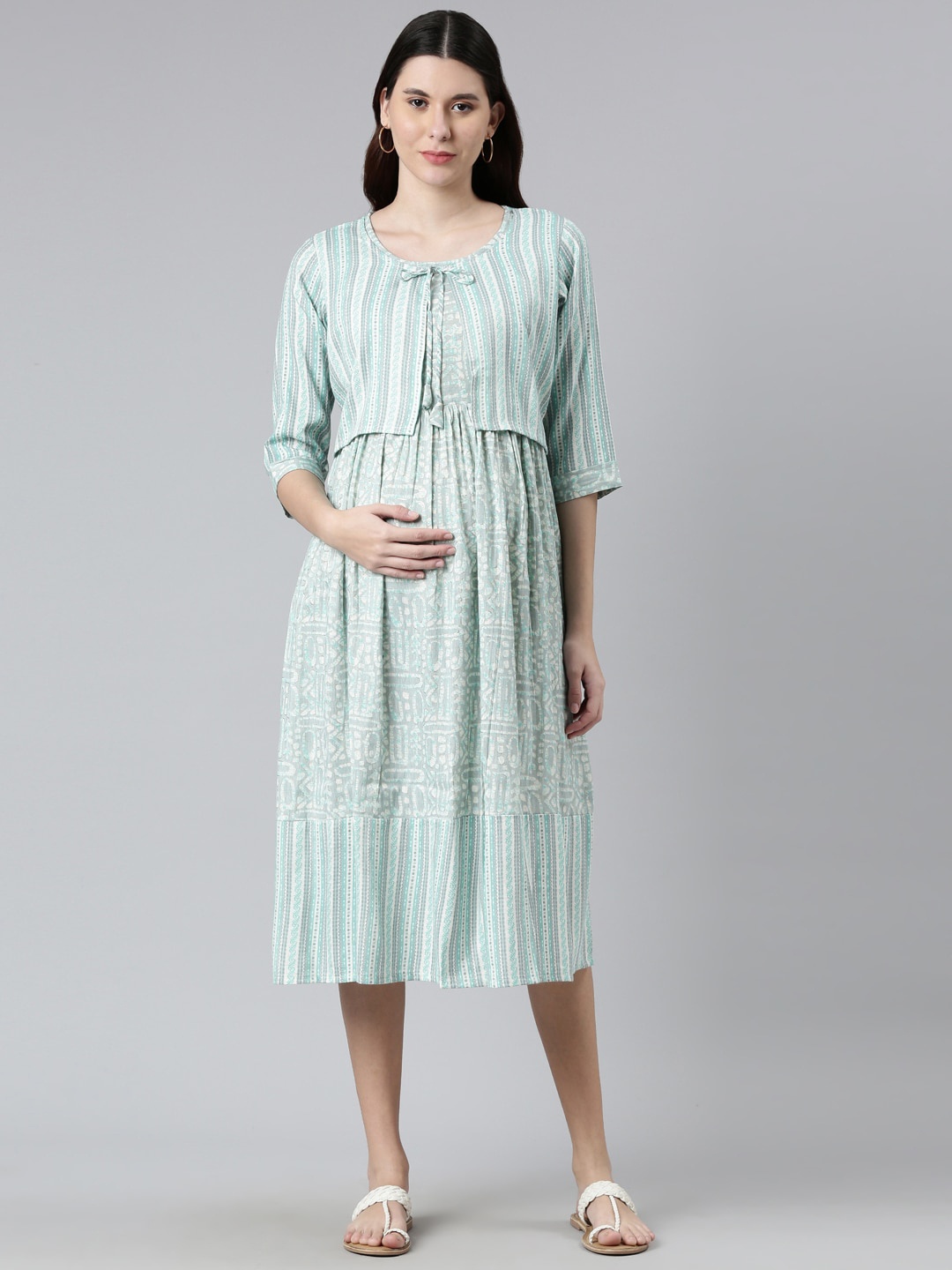 

GOLDSTROMS Tie-Up Neck Ethnic Printed Maternity A-Line Midi Dress, Green