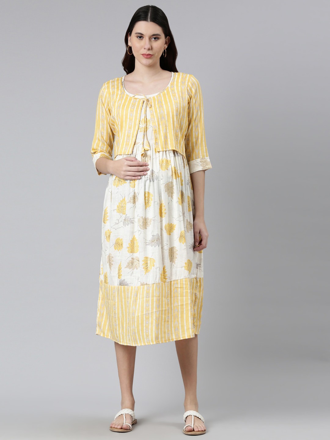

GOLDSTROMS Floral Printed Layered Maternity Fit & Flare Midi Ethnic Dress, Yellow
