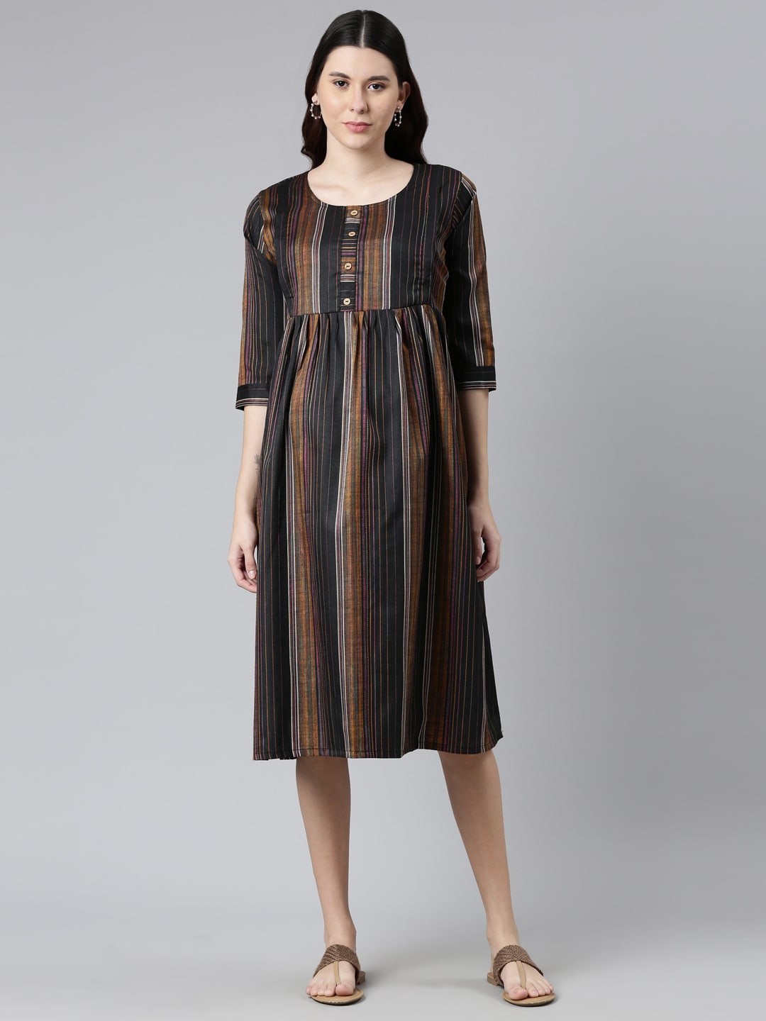 

GOLDSTROMS Round Neck Striped Maternity A-Line Midi Dress, Black