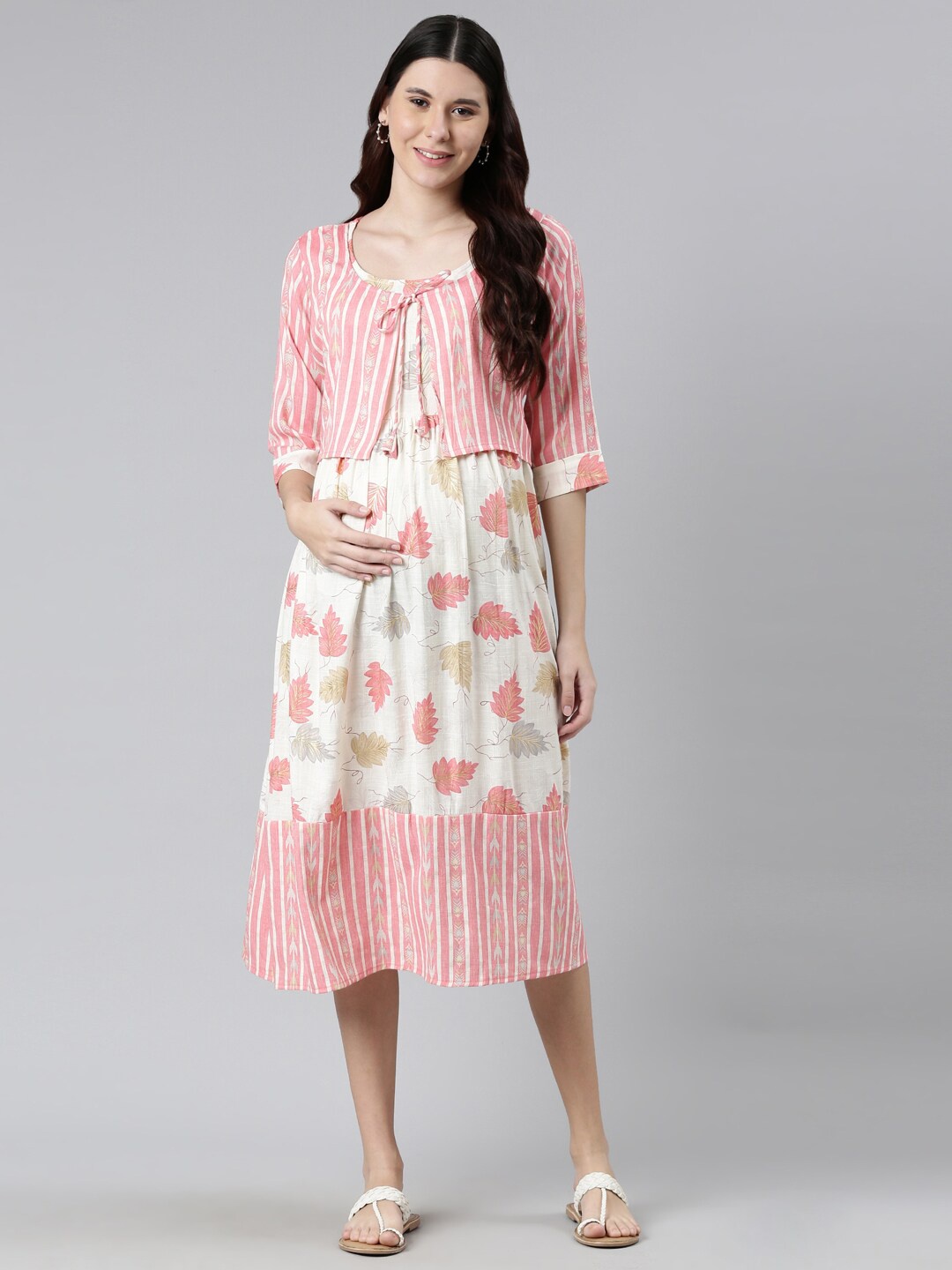 

GOLDSTROMS Floral Print Tie-Up Neck Maternity A-Line Midi Dress, Peach