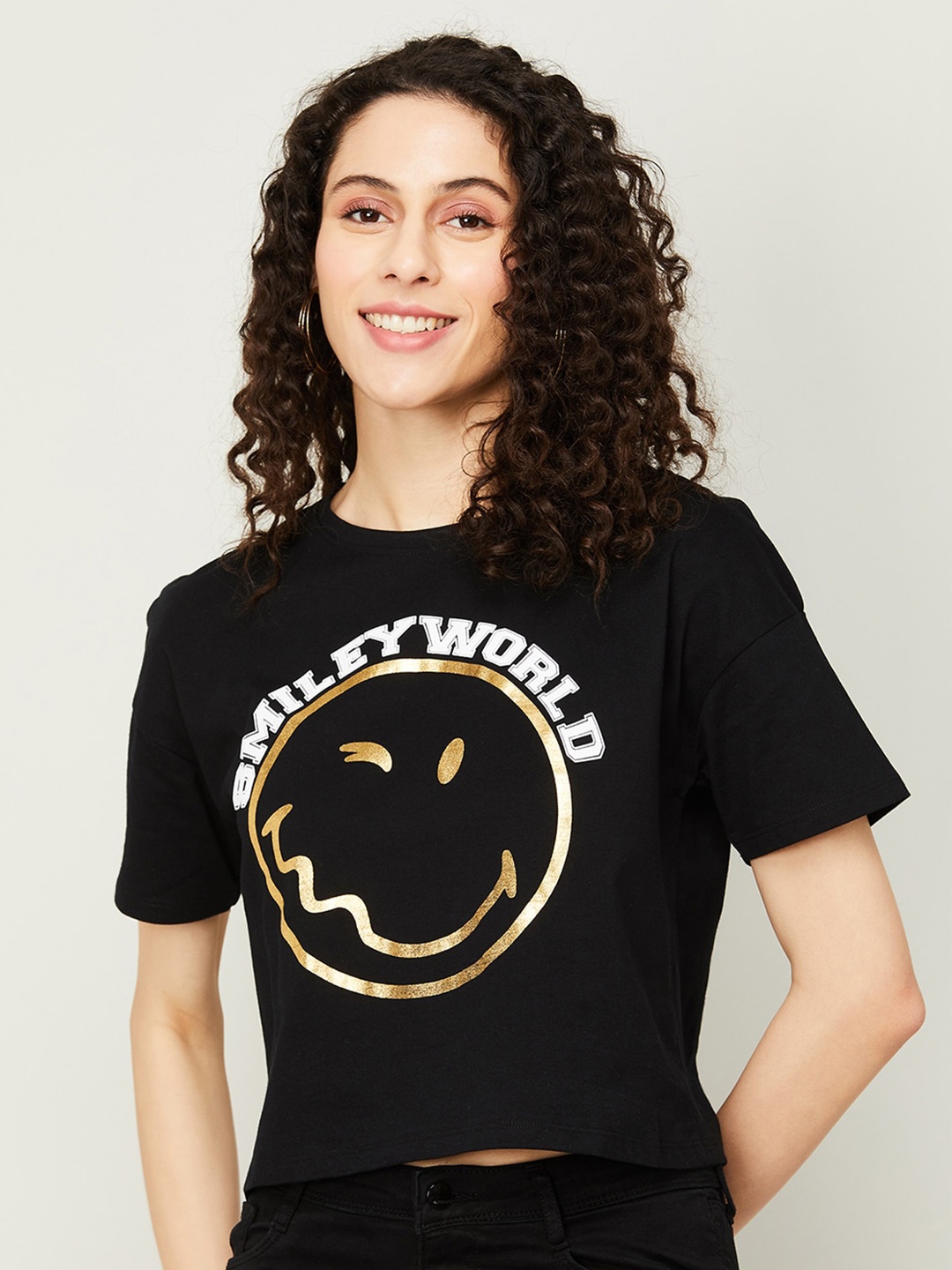 

SmileyWorld Graphic Printed Pure Cotton Regular Top, Black
