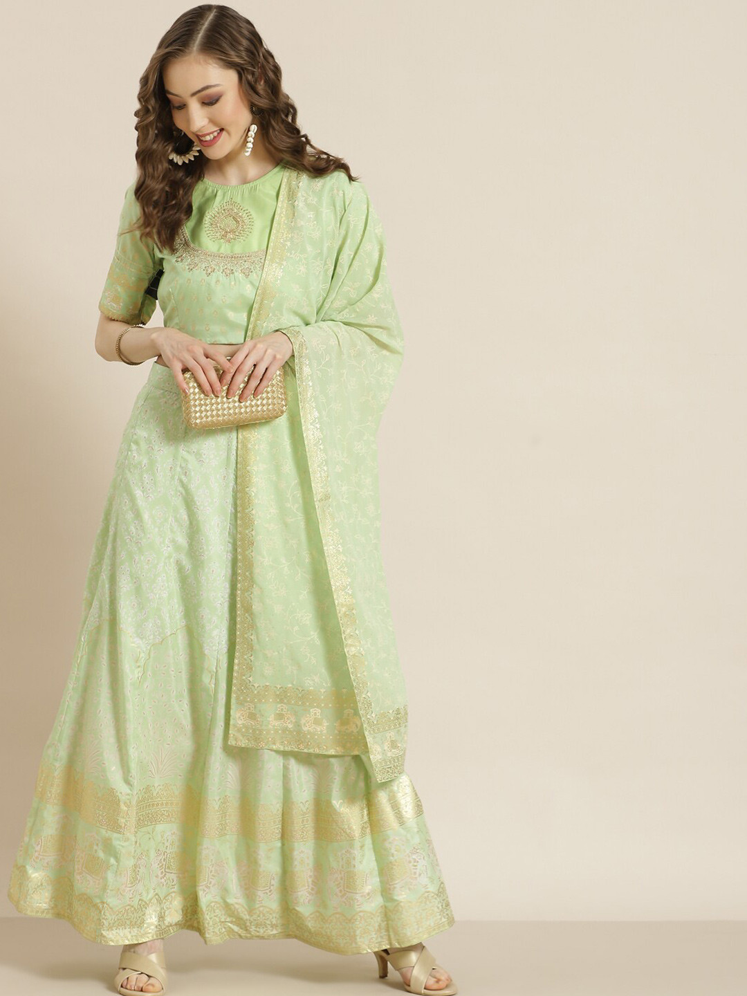 

Juniper Embellished Sequinned Foil Print Ready to Wear Lehenga & Blouse With Dupatta, Green