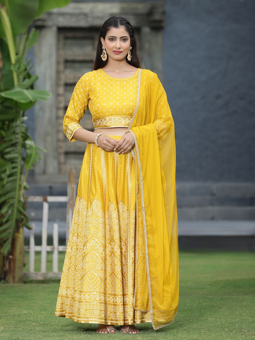 

Juniper Bandhani Printed Ready to Wear Lehenga & Blouse With Dupatta, Mustard