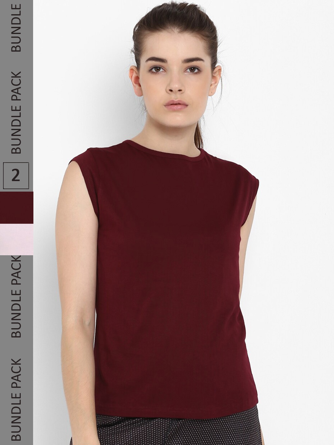 

appulse Pack Of 2 Round Neck Cap Sleeves Cotton T-shirt, Maroon