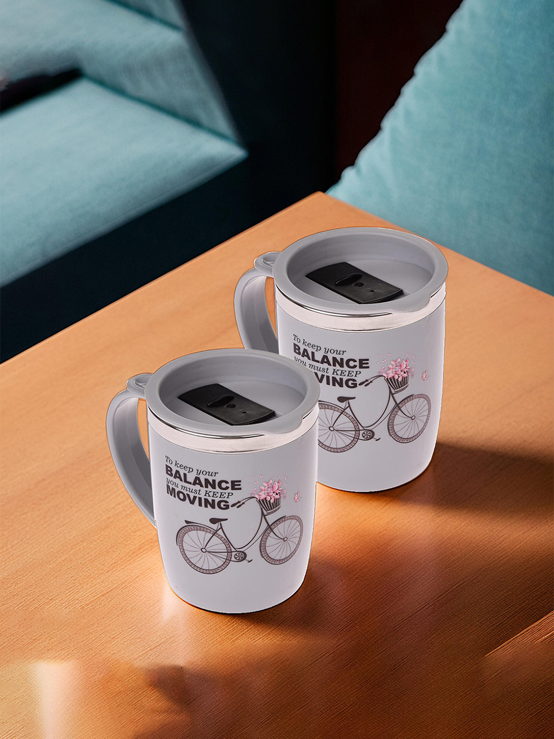 

Kuber Industries Grey 2 Pieces Printed Matte Double Wall Coffee Mug With Lid 400 ml Each