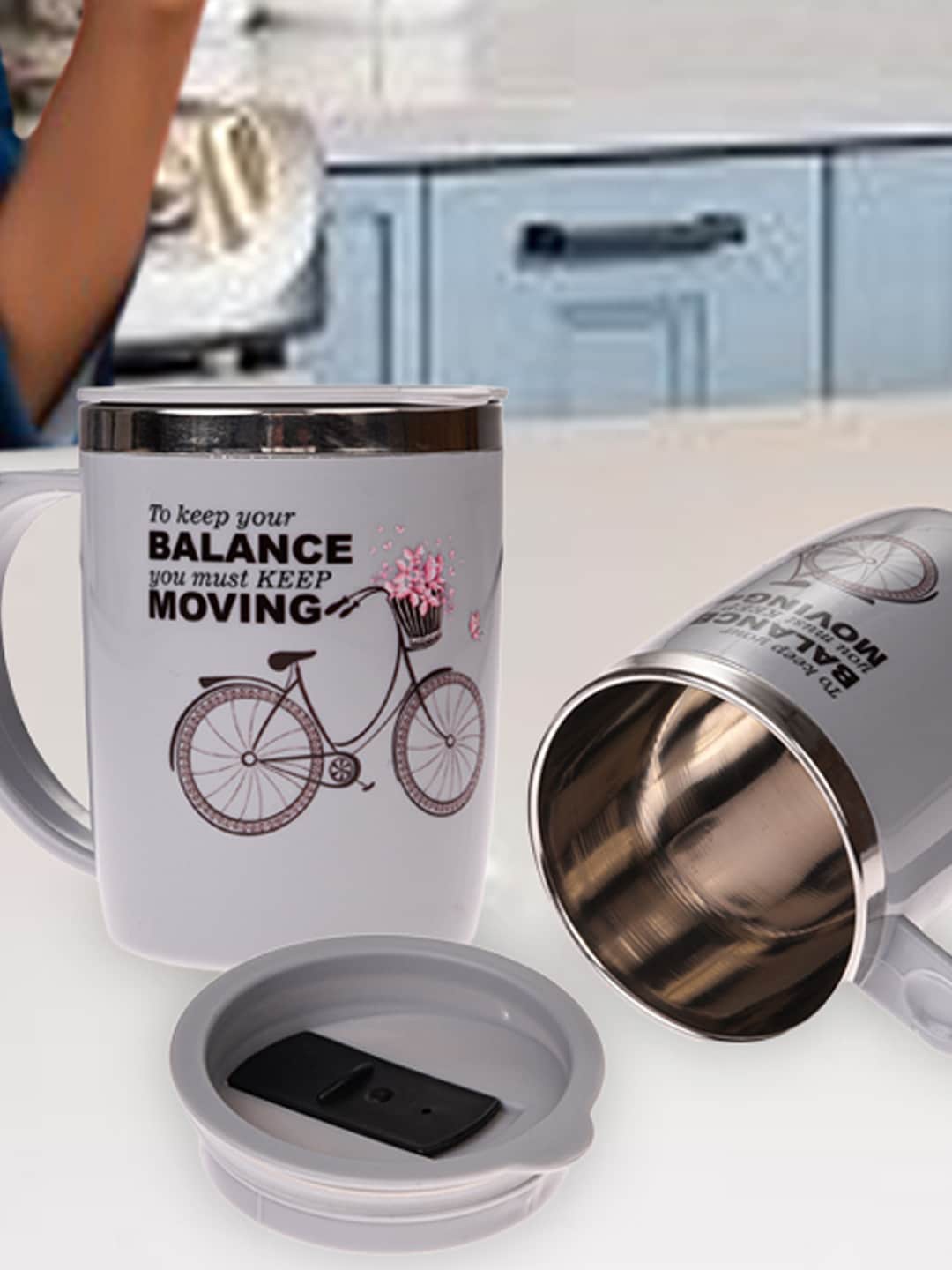 

Kuber Industries Grey Printed Stainless Steel Matte Mug with Lid 400 ml