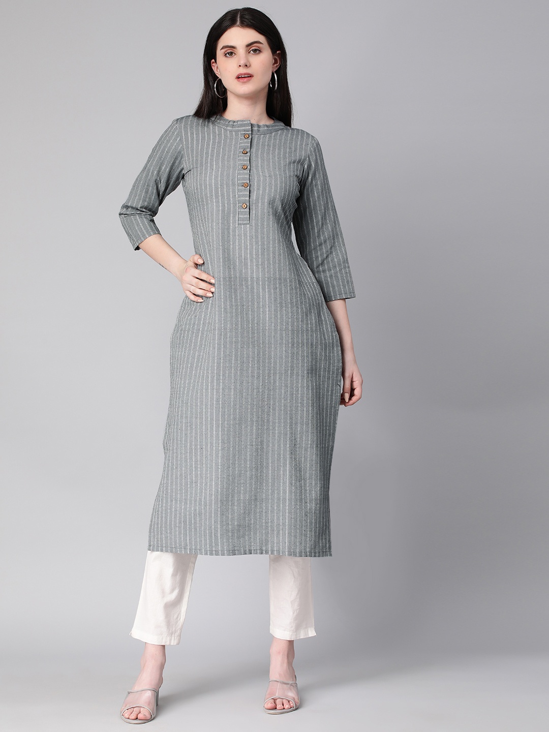 

HRITIKA Striped Kurta, Grey