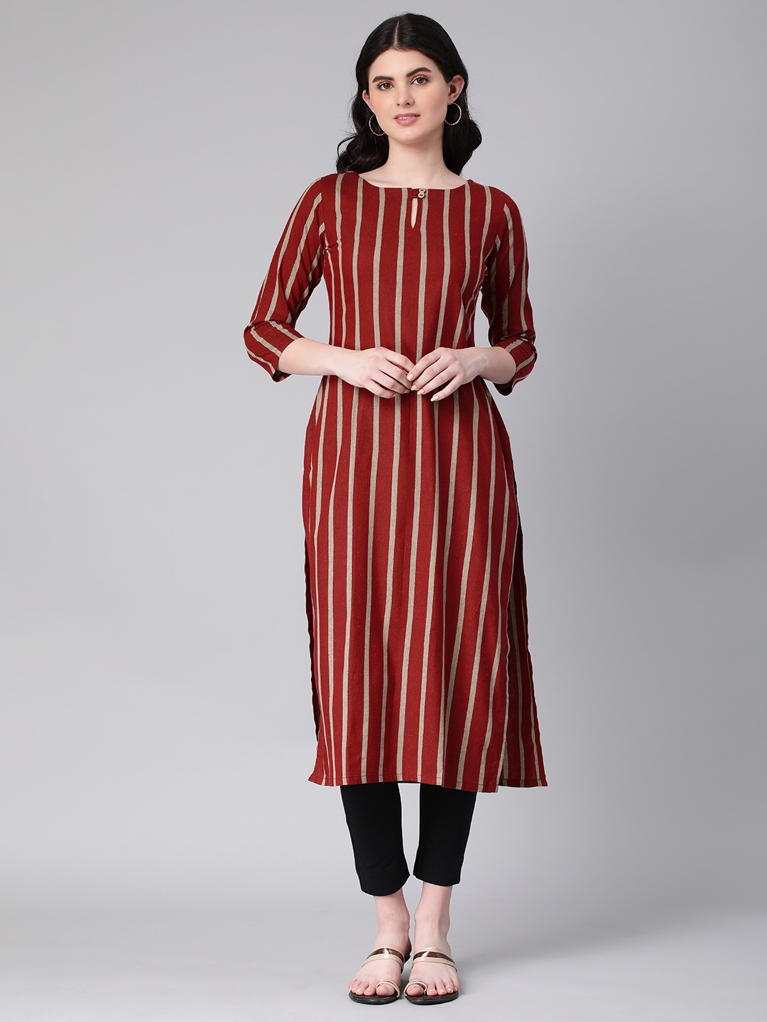 

HRITIKA Striped Kurta, Maroon