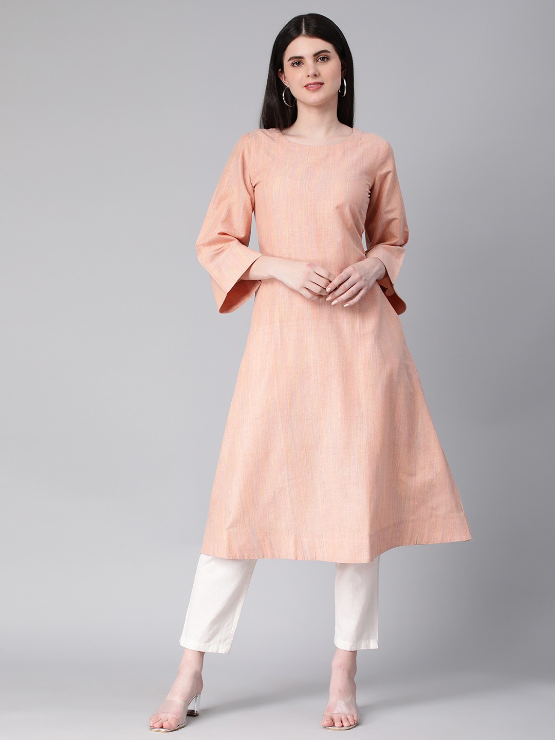 

HRITIKA Striped Flared Sleeves Kurta, Peach
