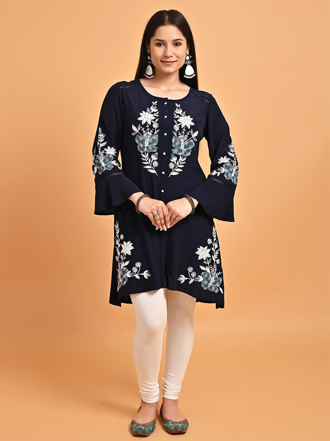 

Lakshita Floral Embroidered Round Neck Tunic, Navy blue