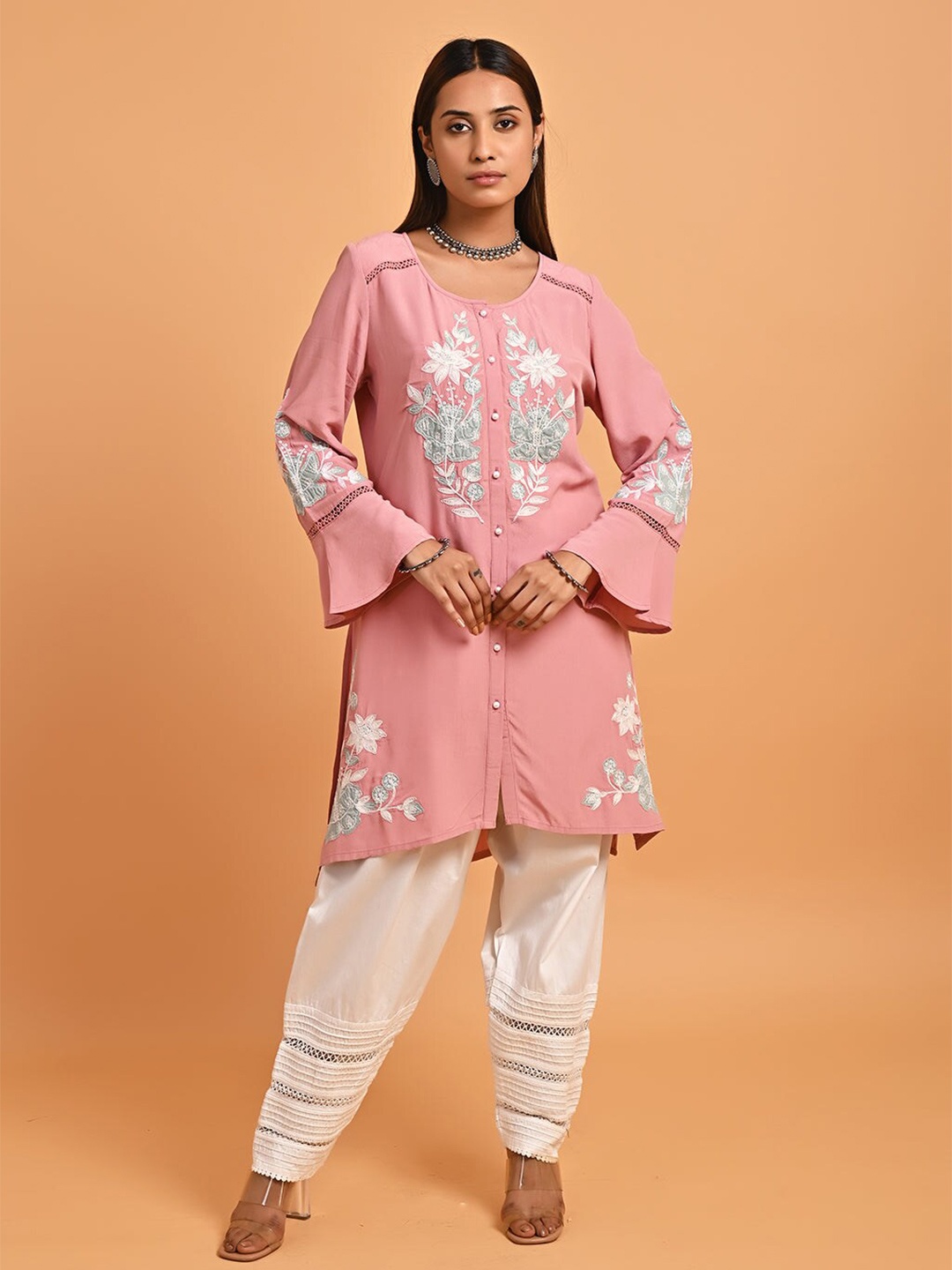 

Floral Embroidered Patchwork Flared Sleeves Asymmetrical Hemline Kurta, Pink