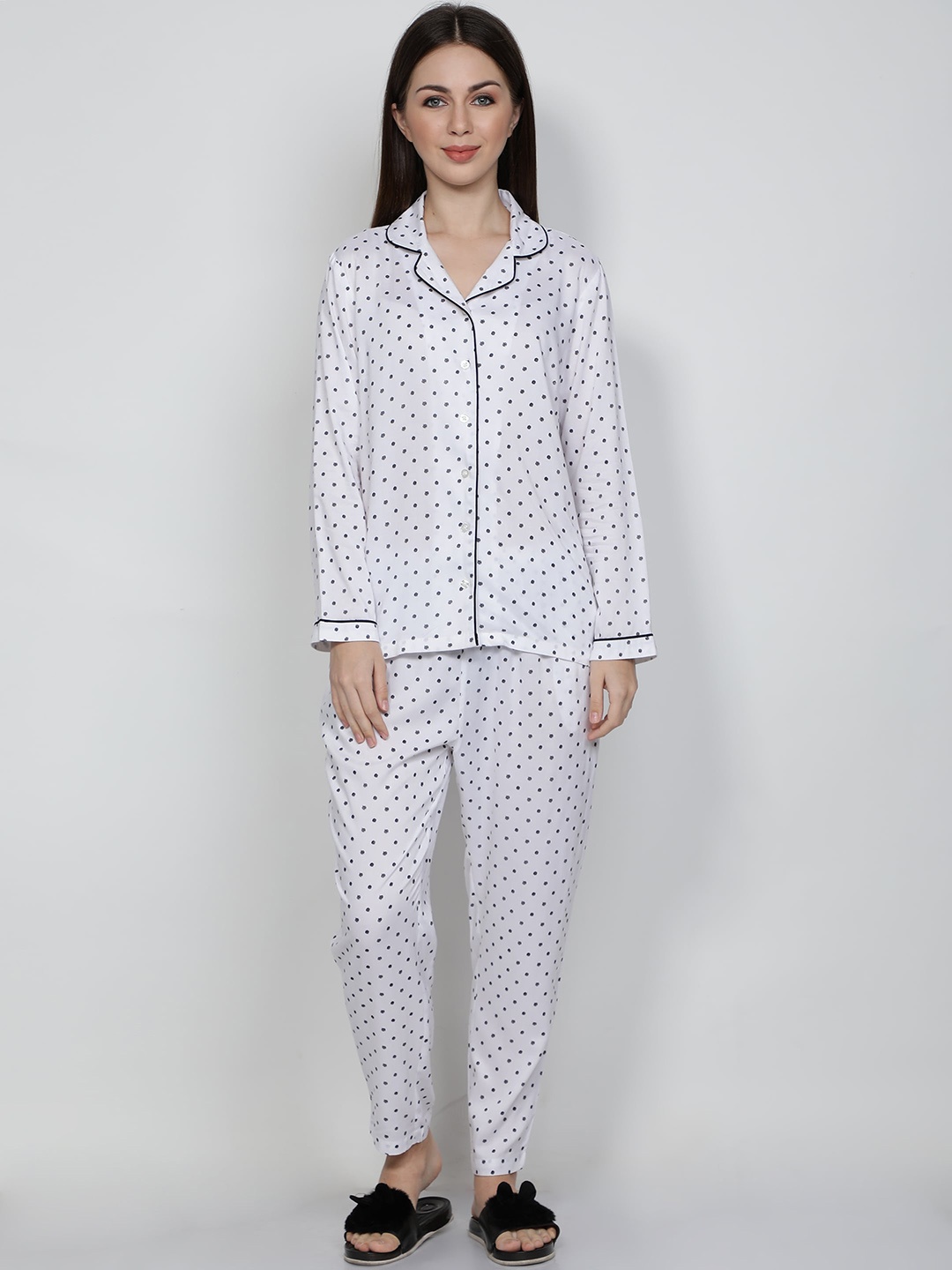 

NUEVOSDAMAS Polka Dots Printed Night Suit, White