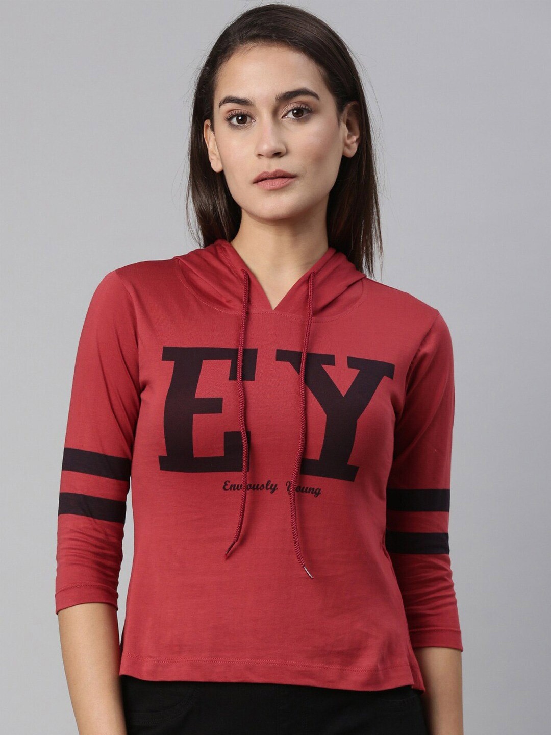 Enviously Young Typography Printed Hood Cotton T-shirt, Rust