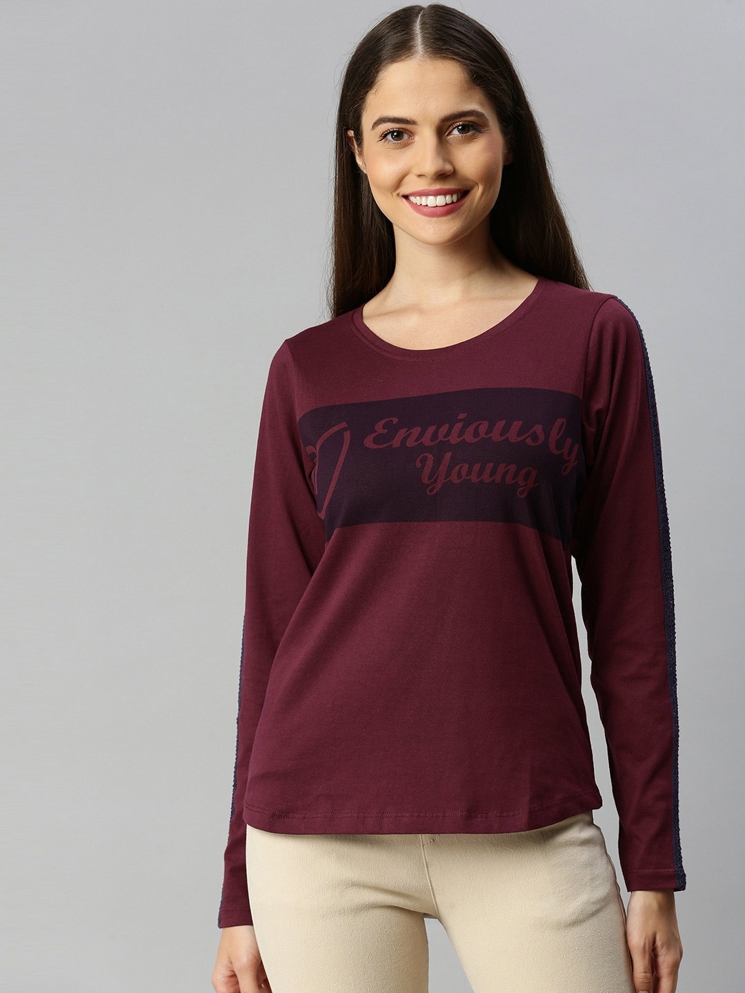 

Enviously Young Typography Printed Long Sleeves Cotton T-shirt, Maroon