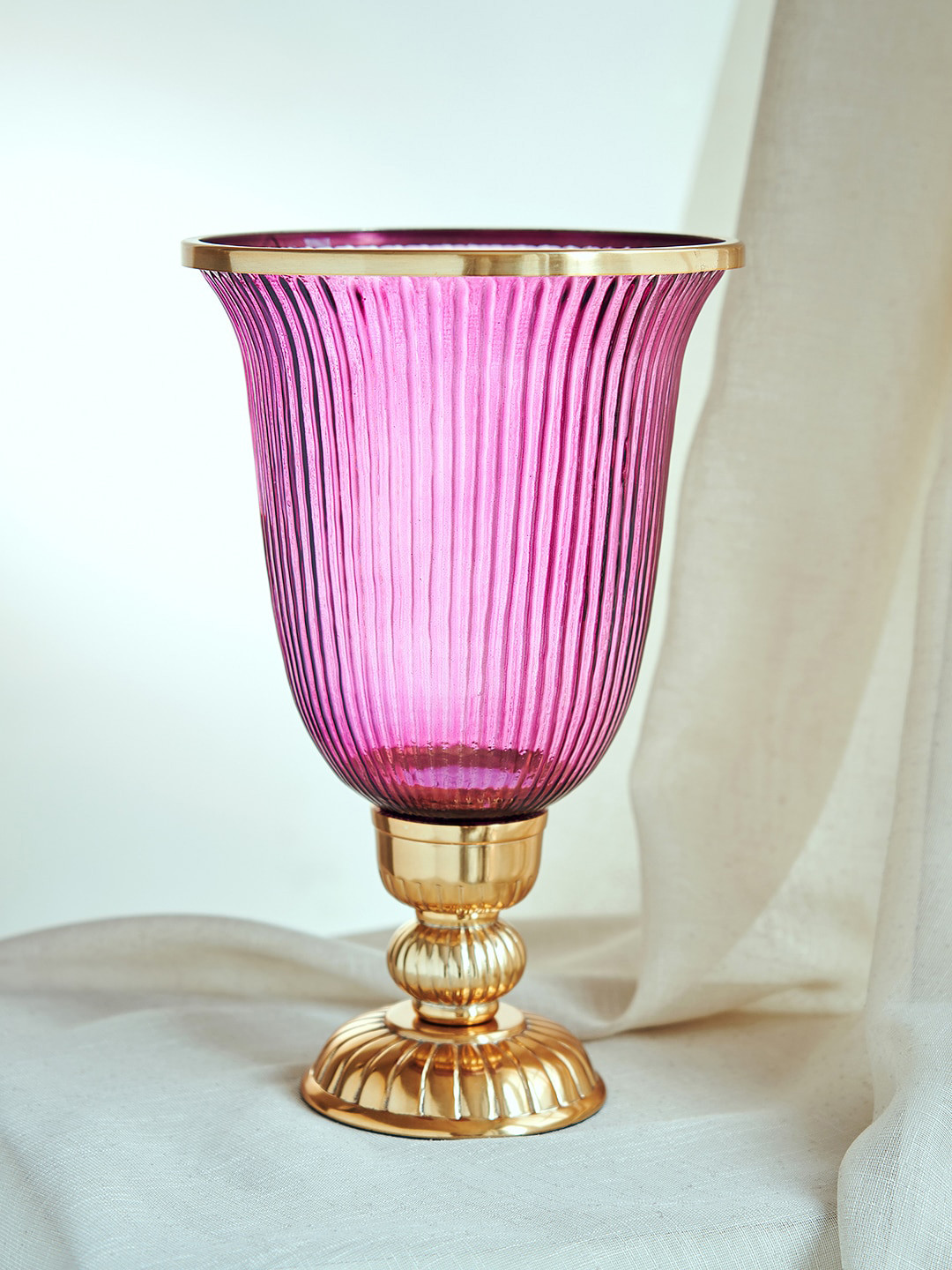

Pure Home and Living Purple & Gold Toned Ribbed Glass Hurricane Candle Holder