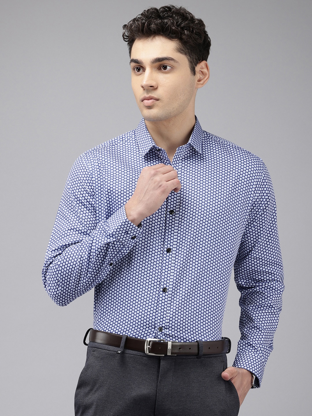 

V Dot Slim Fit Floral Printed Pure Cotton Formal Shirt, Navy blue