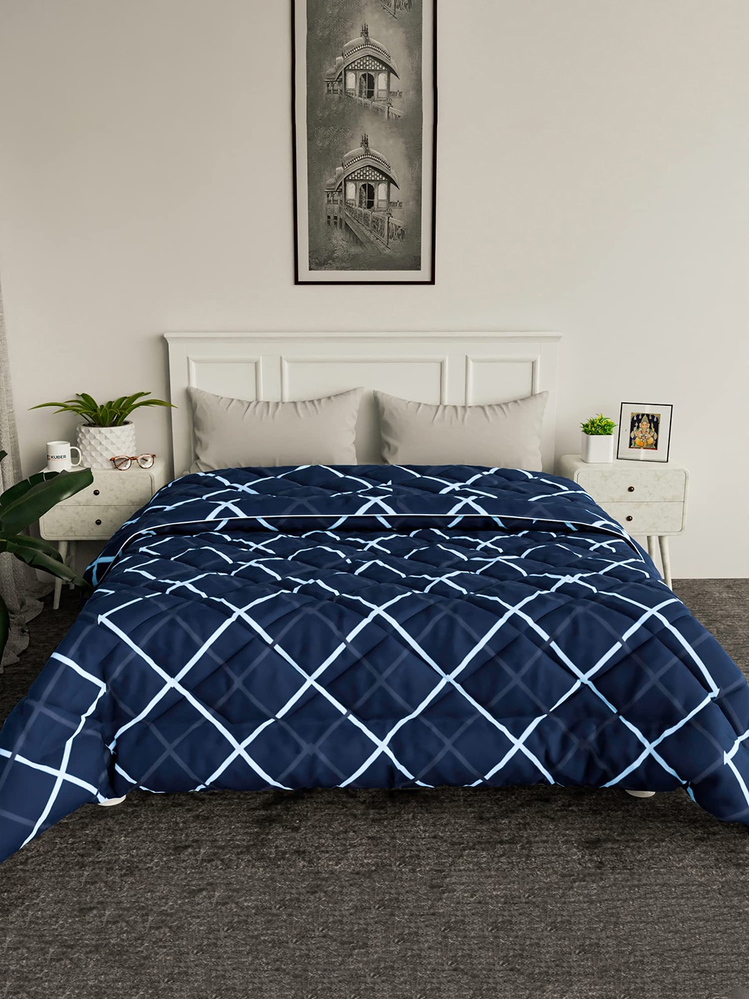 

Kuber Industries Blue & White Geometric Microfiber AC Room 210 GSM Double Bed Comforter