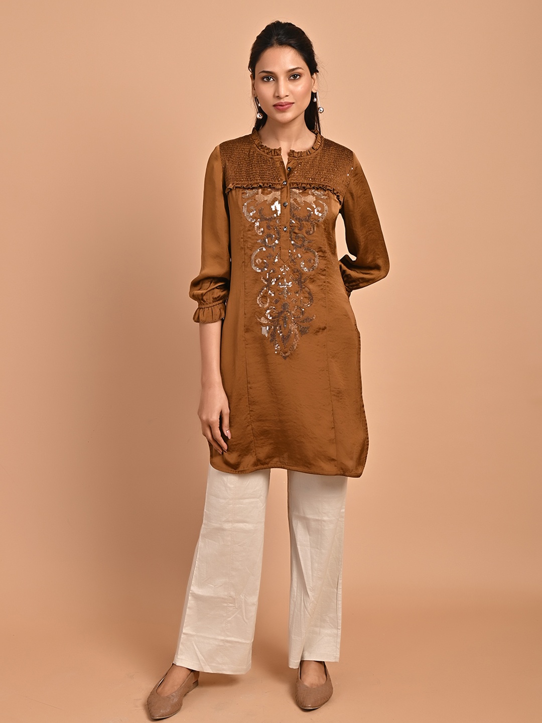Lakshita Plus Size Ethnic Motifs Yoke Design Sequinned Kurti, Brown