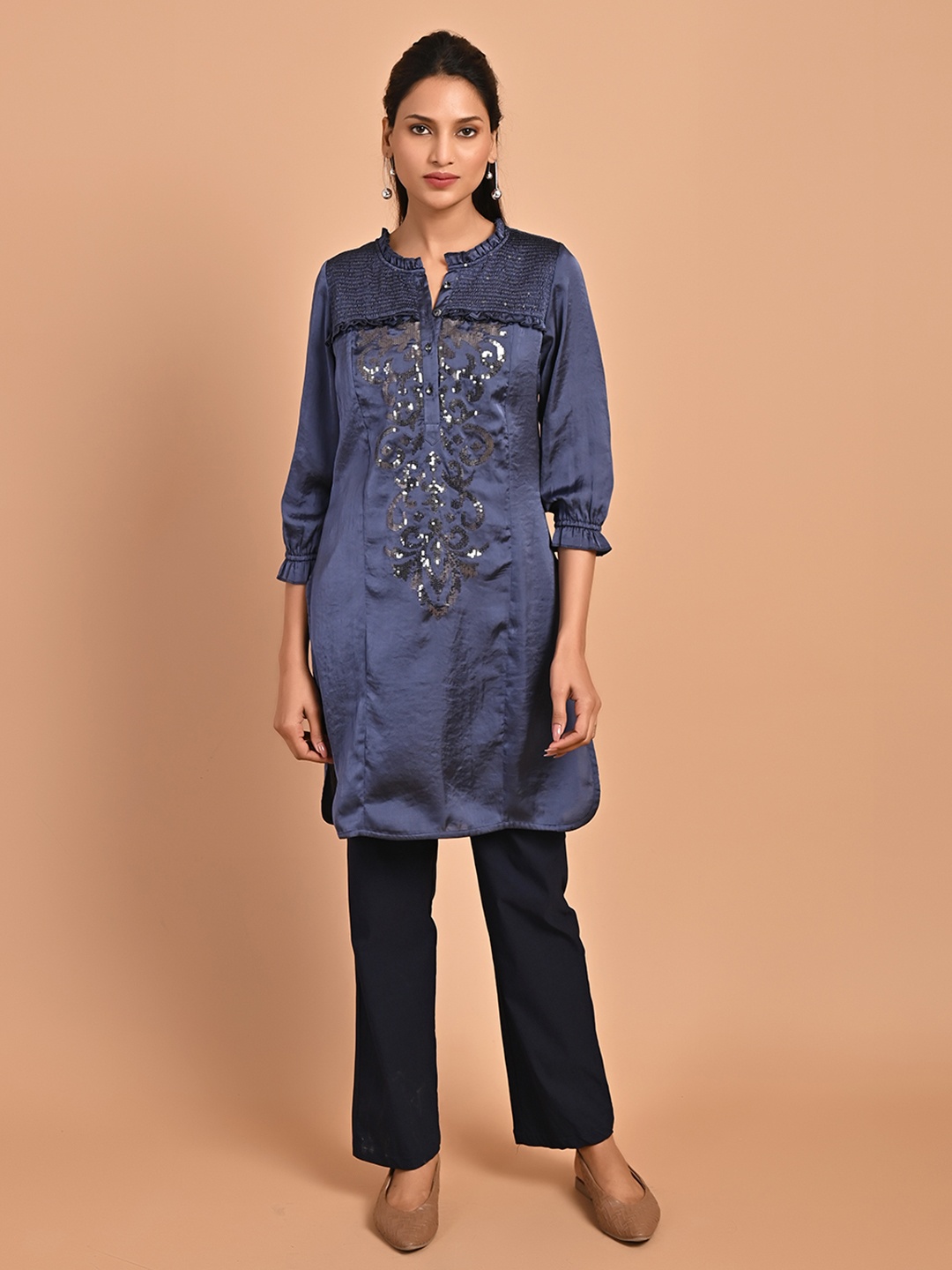 

Lakshita Ethnic Motifs Yoke Design Sequinned Kurti, Navy blue