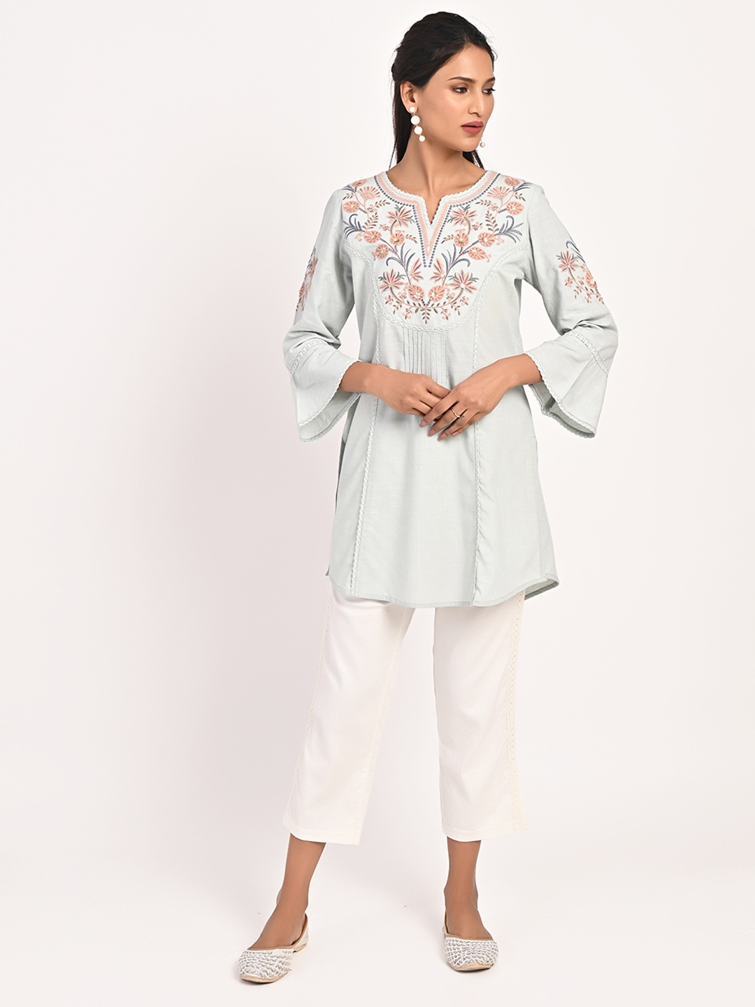 Lakshita Floral Embroidered Notched Neck Thread Work Pure Cotton Kurti, Blue