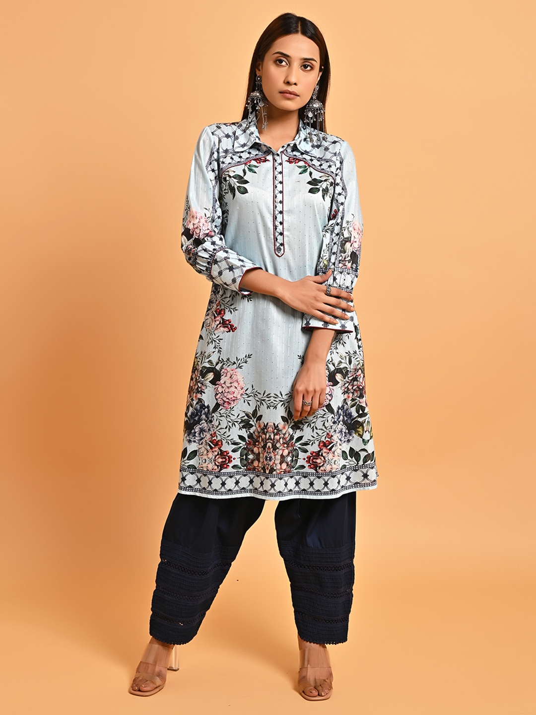 

Lakshita Floral Printed Shirt Collar Sequinned Kurti, Blue