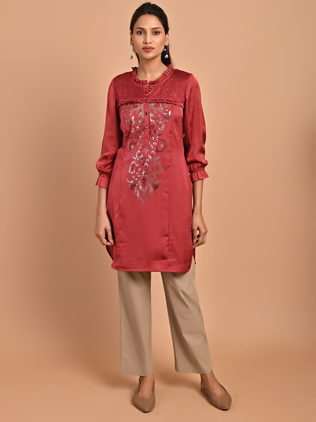 

Lakshita Embellished Smocked Puff Sleeves Sequinned Kurti, Rust