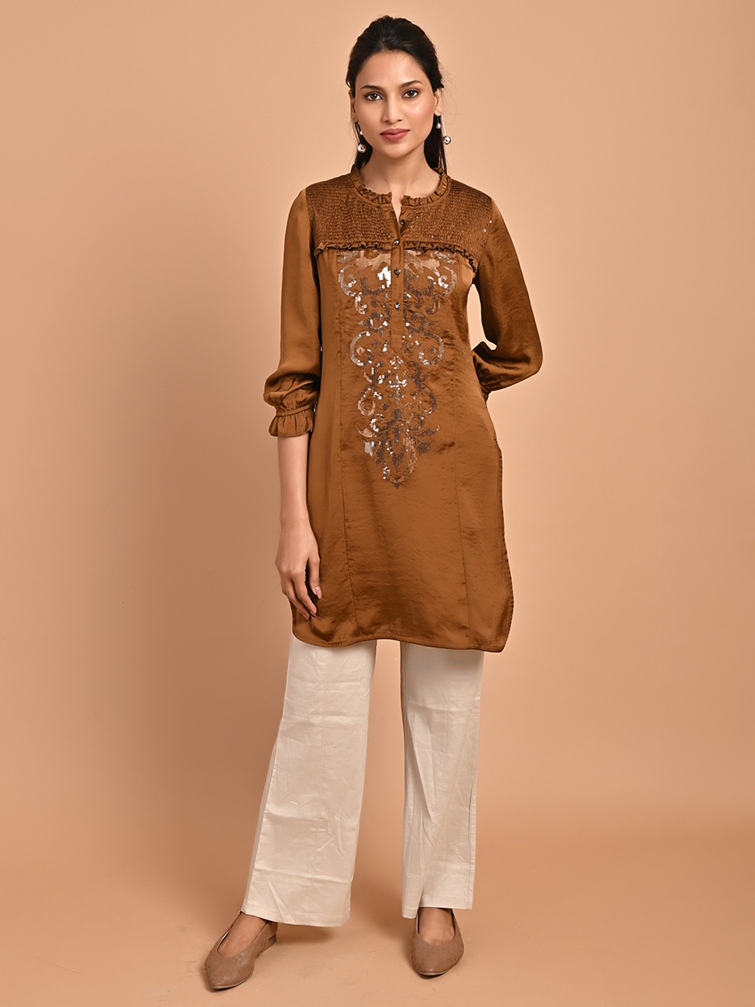 

Lakshita Embellished Smocked Puff Sleeves Sequinned Kurti, Bronze