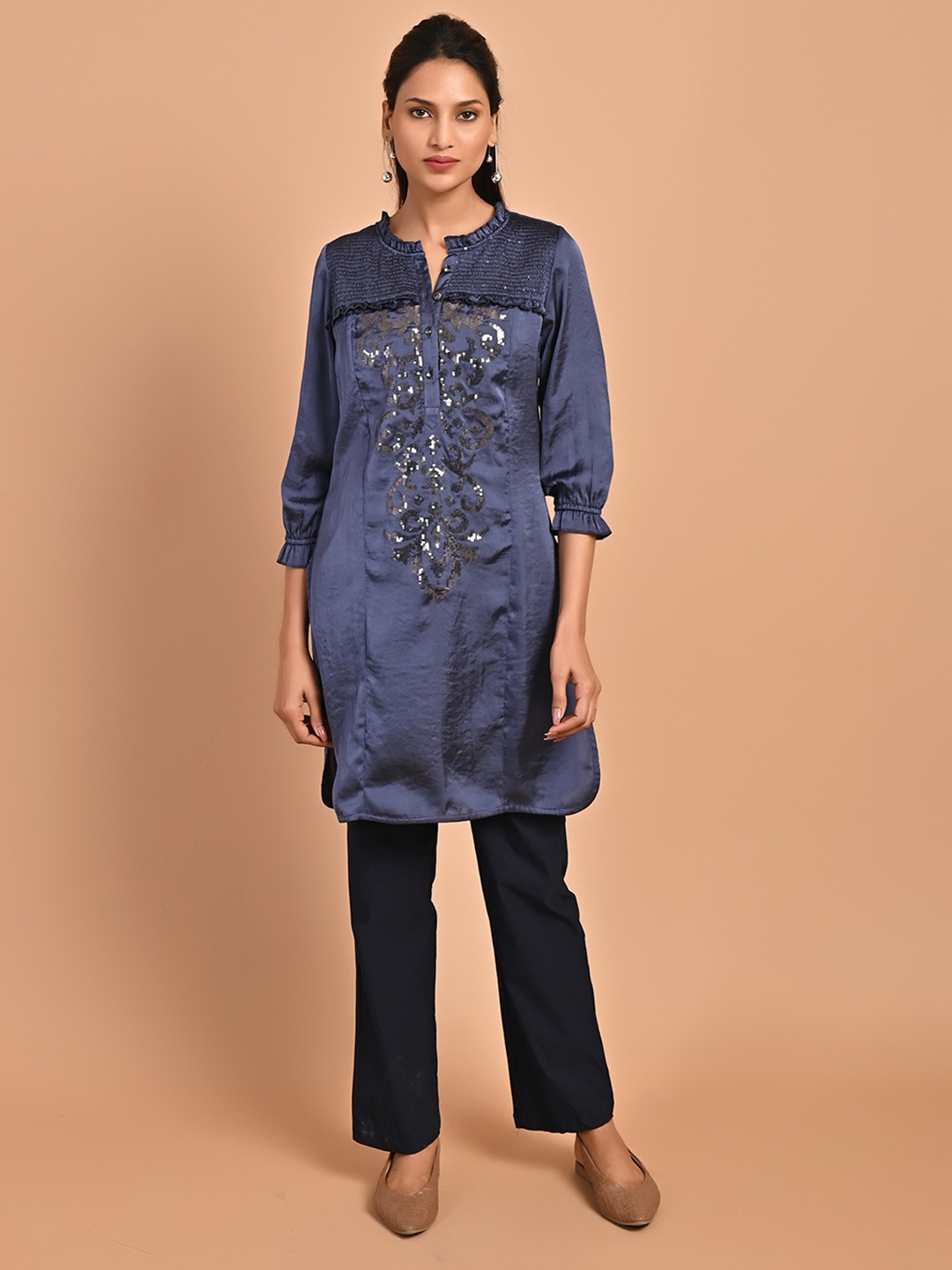 

Lakshita Embellished Smocked Puff Sleeves Sequinned Kurti, Navy blue
