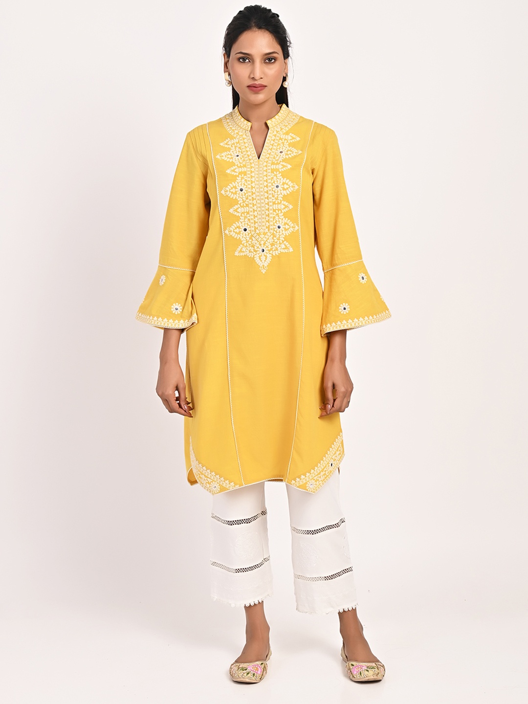 

Lakshita Floral Embroidered Bell Sleeves Mirror Work Cotton Kurta, Yellow