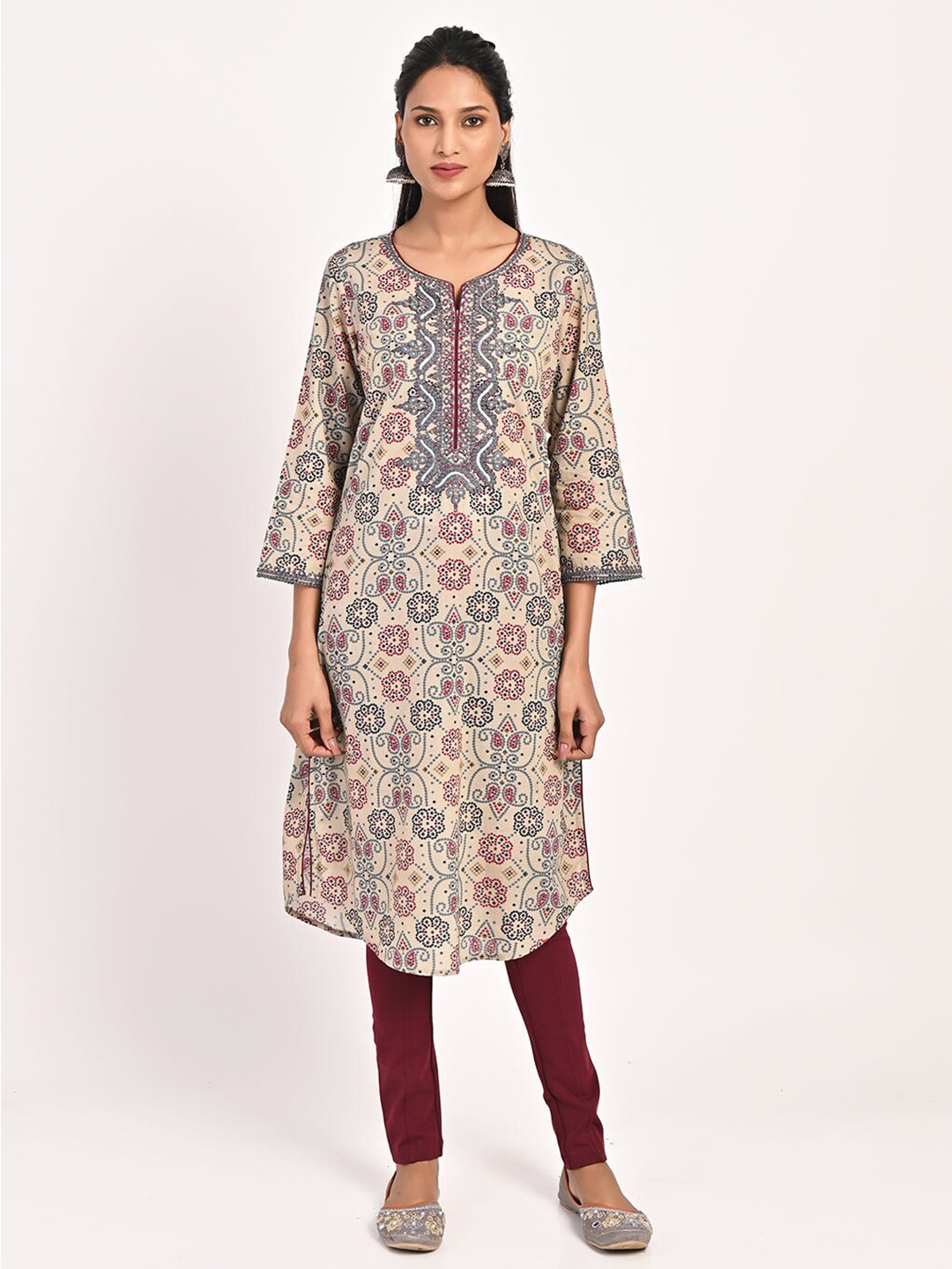 

Lakshita Plus Size Bandhani Printed Notched Neck Thread Work Curved Kurta, Beige
