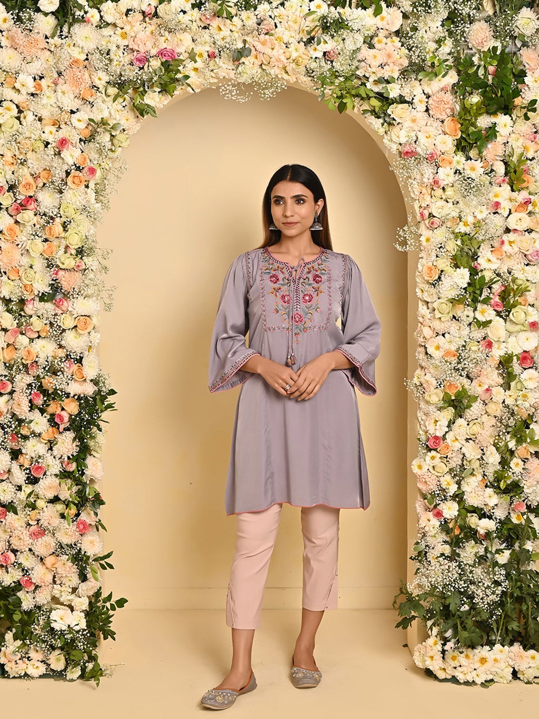 

Lakshita Floral Embroidered Flared Sleeves Mirror Work Kurti, Taupe